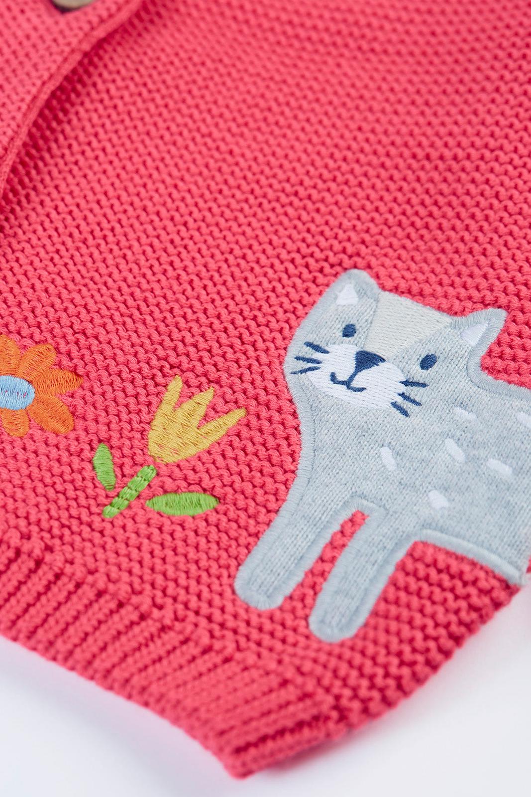 Pink organic cotton girls cardigan with embroidered cat and flower designs.