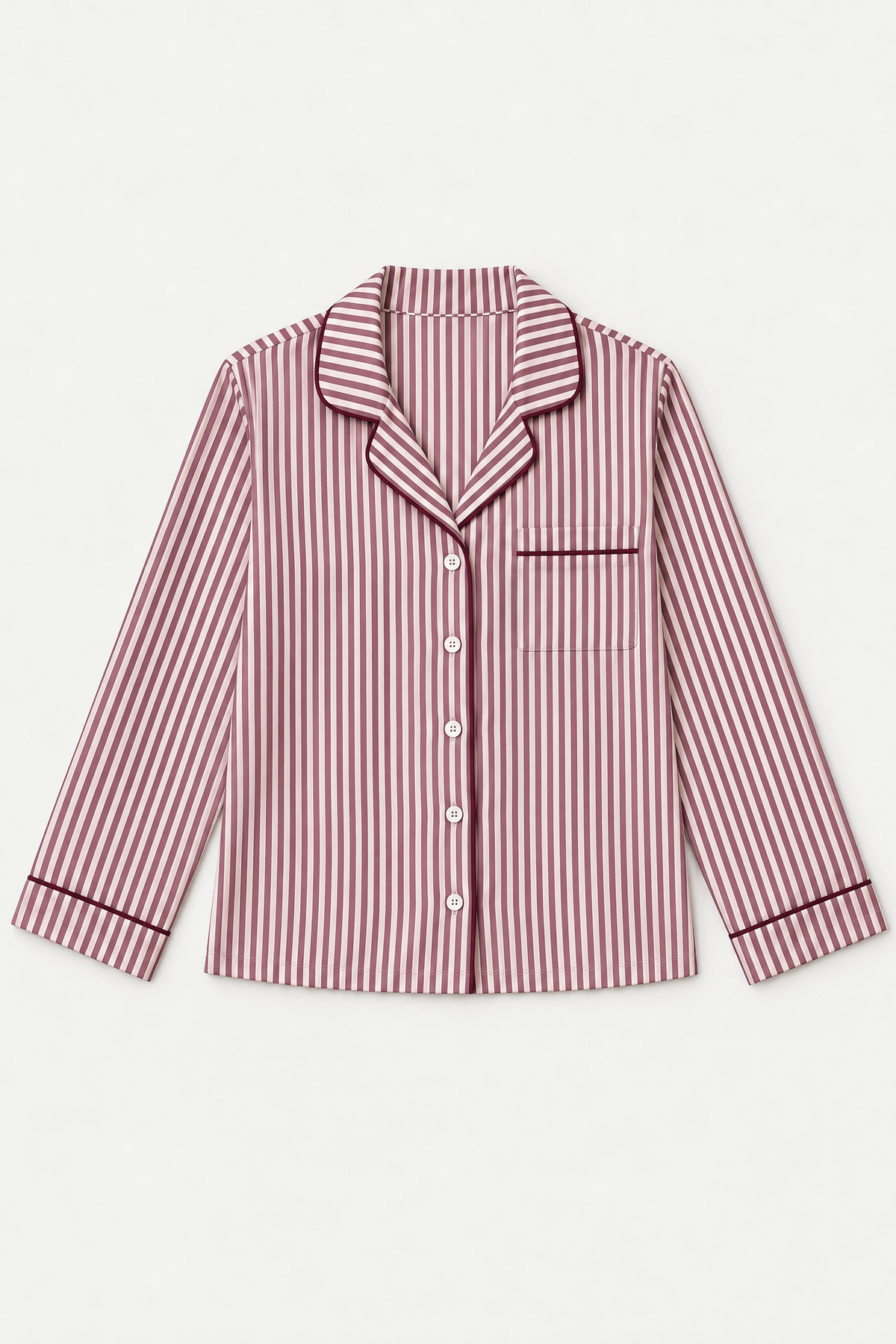 A long-sleeved button-down pink stripe tencel pyjama top with a notched collar and chest pocket.