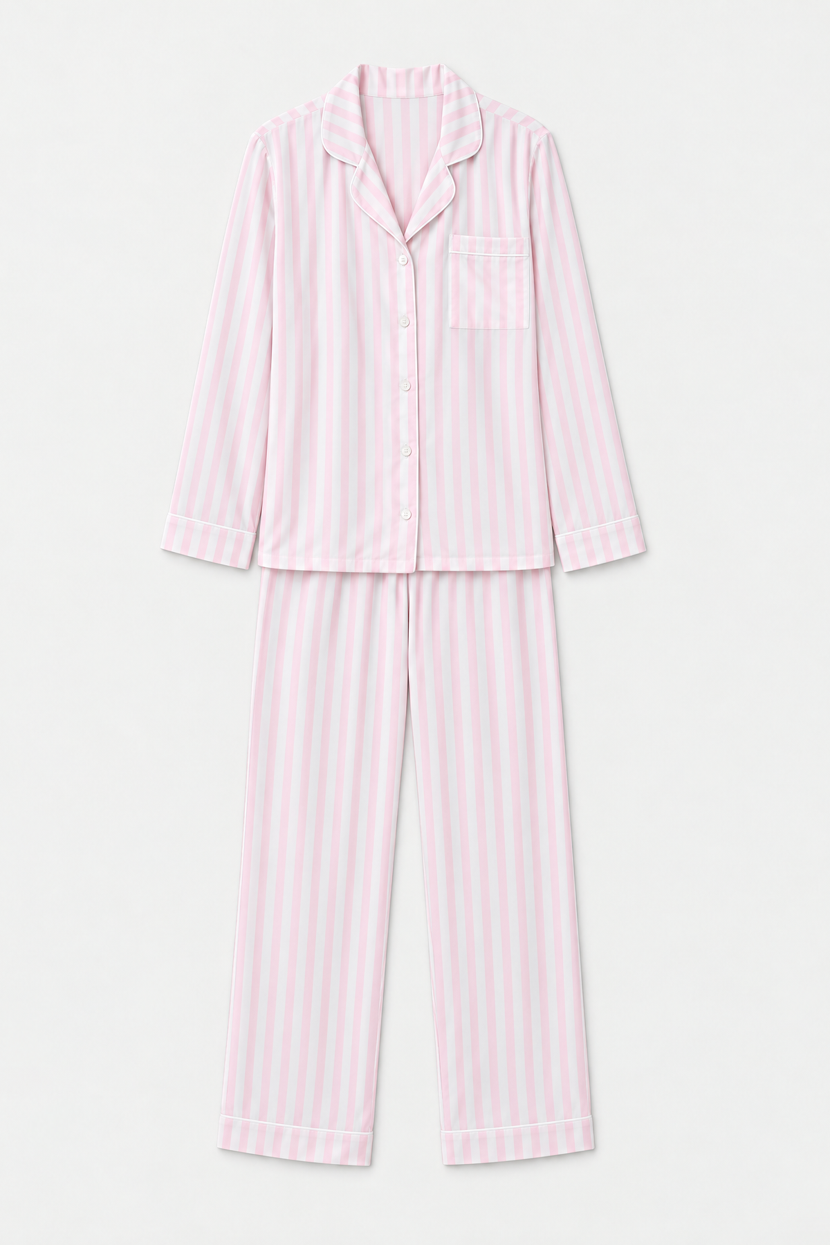 A luxury pink stripe tencel women's pyjama set featuring a button-down shirt and matching trousers.