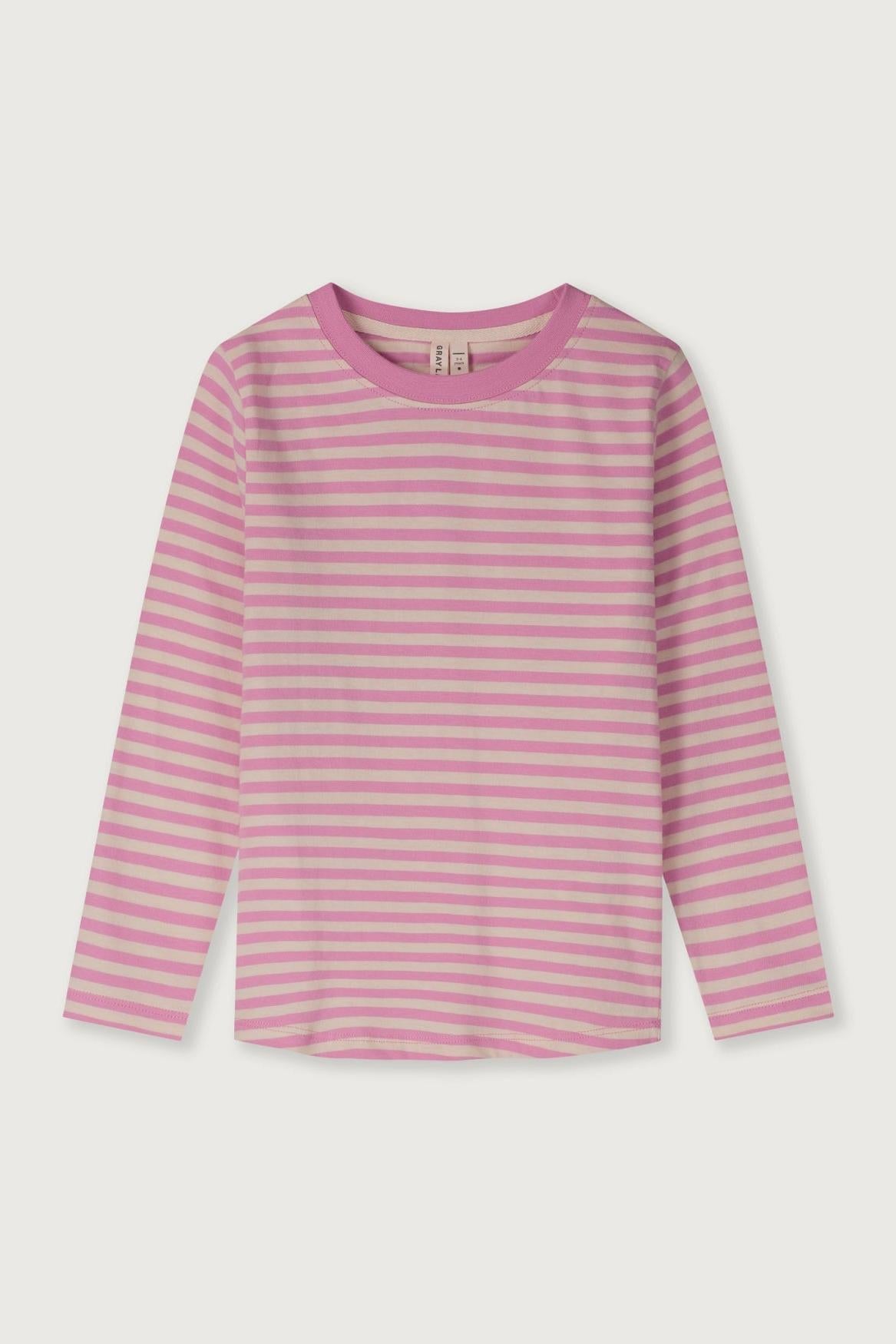 A pink and white striped long-sleeve t-shirt with a solid pink crew neck, displayed flat against a light gray background.