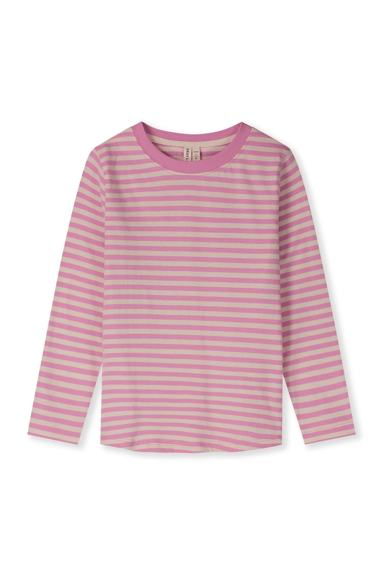A pink and light pink striped long-sleeve crewneck shirt, shown flat against a white background.