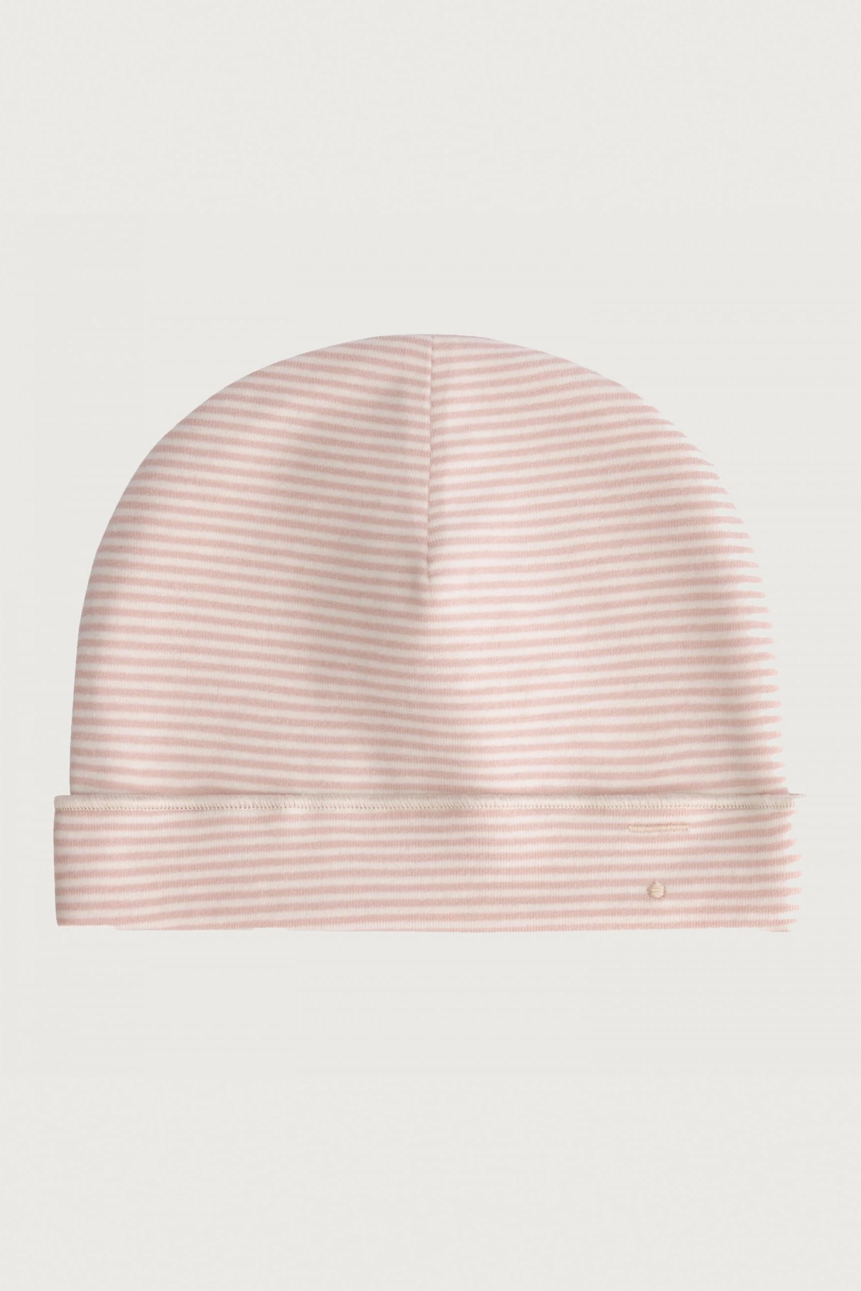 Pink striped beanie on a light gray background