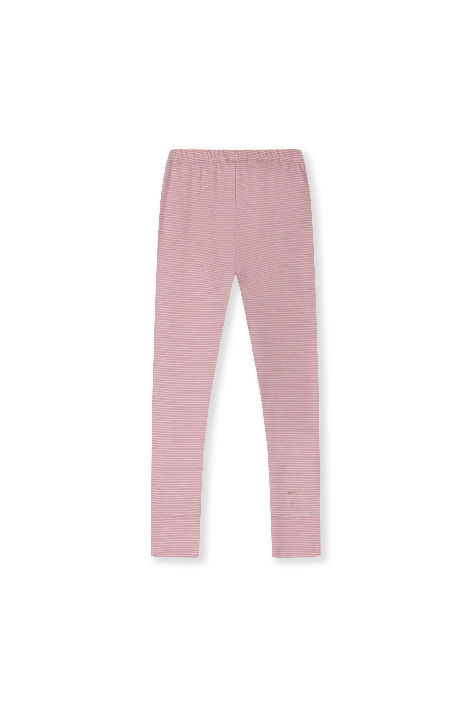 Pink and white horizontally striped organic cotton leggings from Gray Label on a plain background