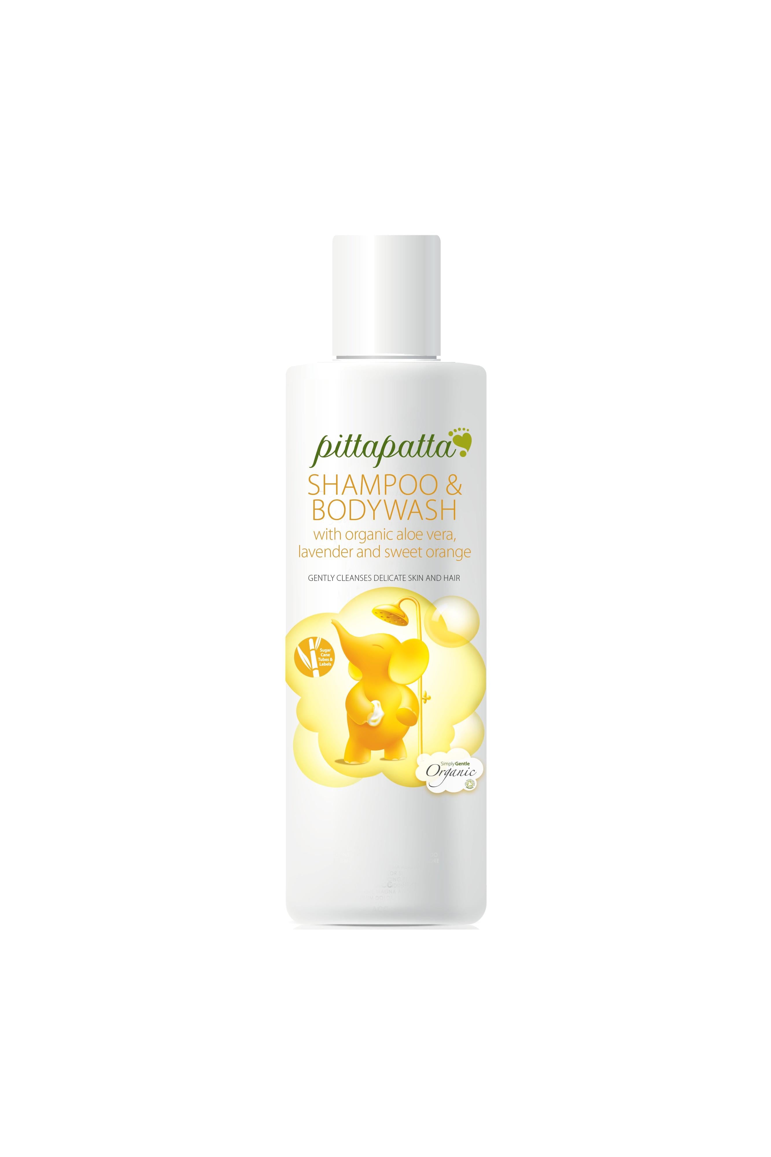 Pittapatta shampoo and bodywash bottle with a white background