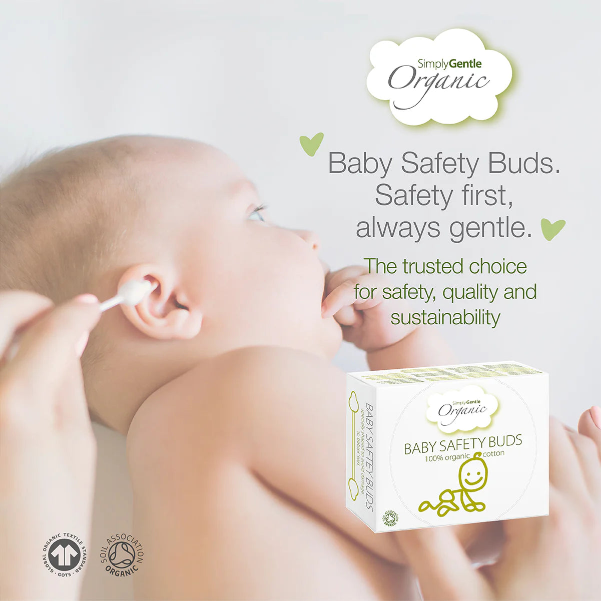 Baby Safety Buds packaging with a child and adult hands, featuring the brand 'Simply Gentle Organic'.