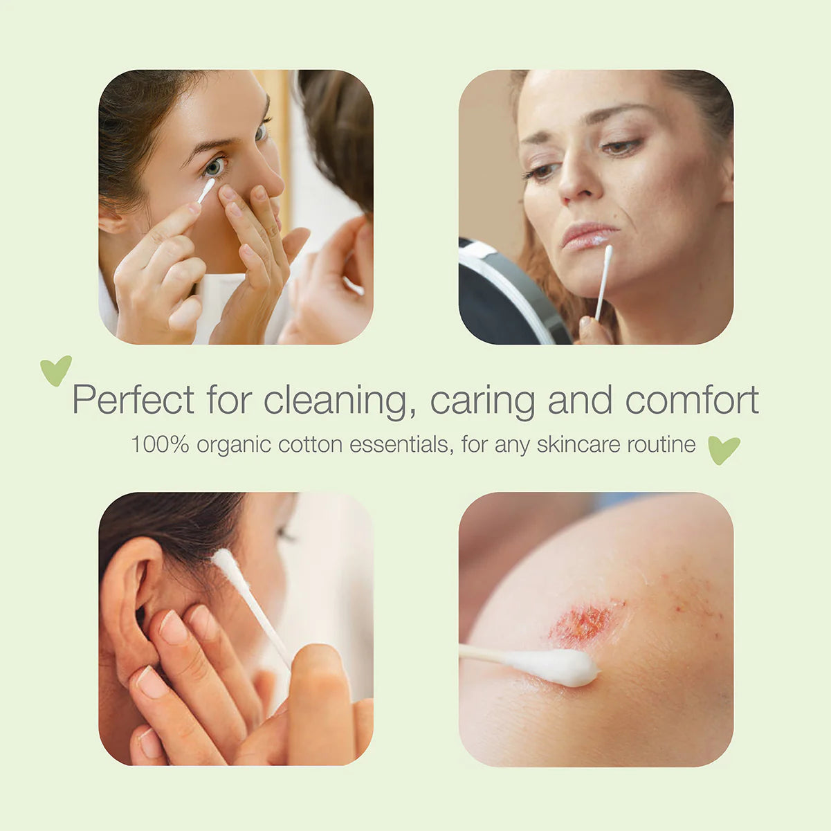 Product advertisement for organic cotton swabs with usage examples on a light green background.