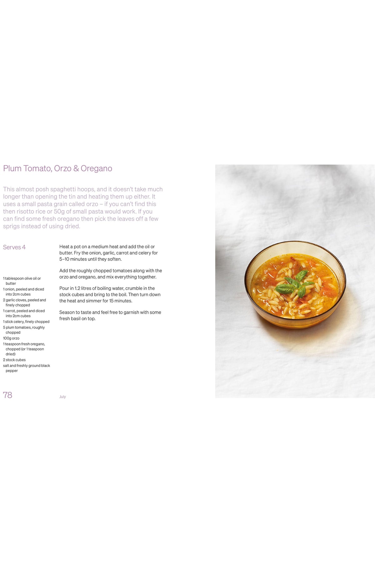 A bowl of plum tomato and orzo soup garnished with basil, from a soup recipe book.