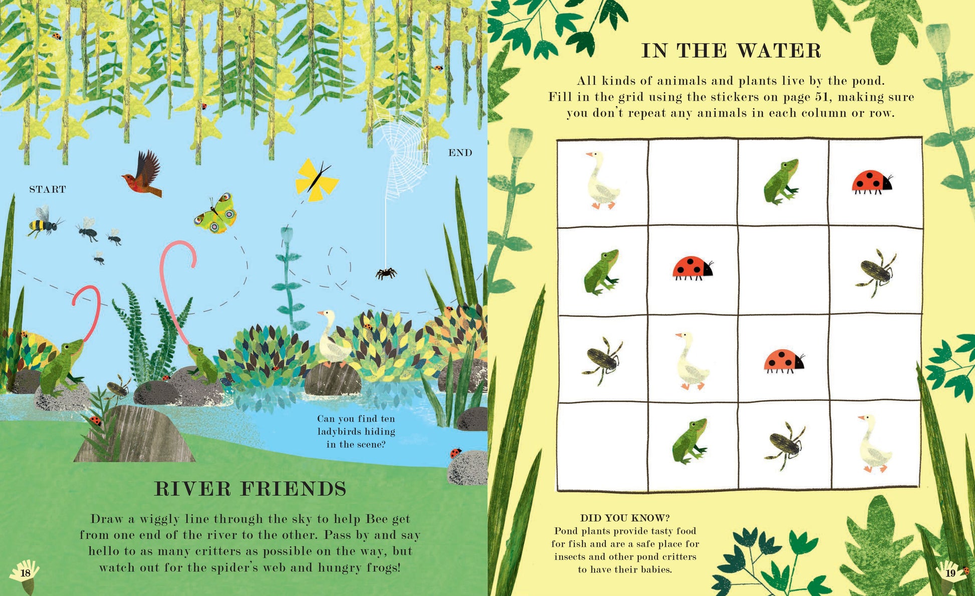 A children's activity book page featuring a pond scene with a maze and a logic grid puzzle with animal stickers.