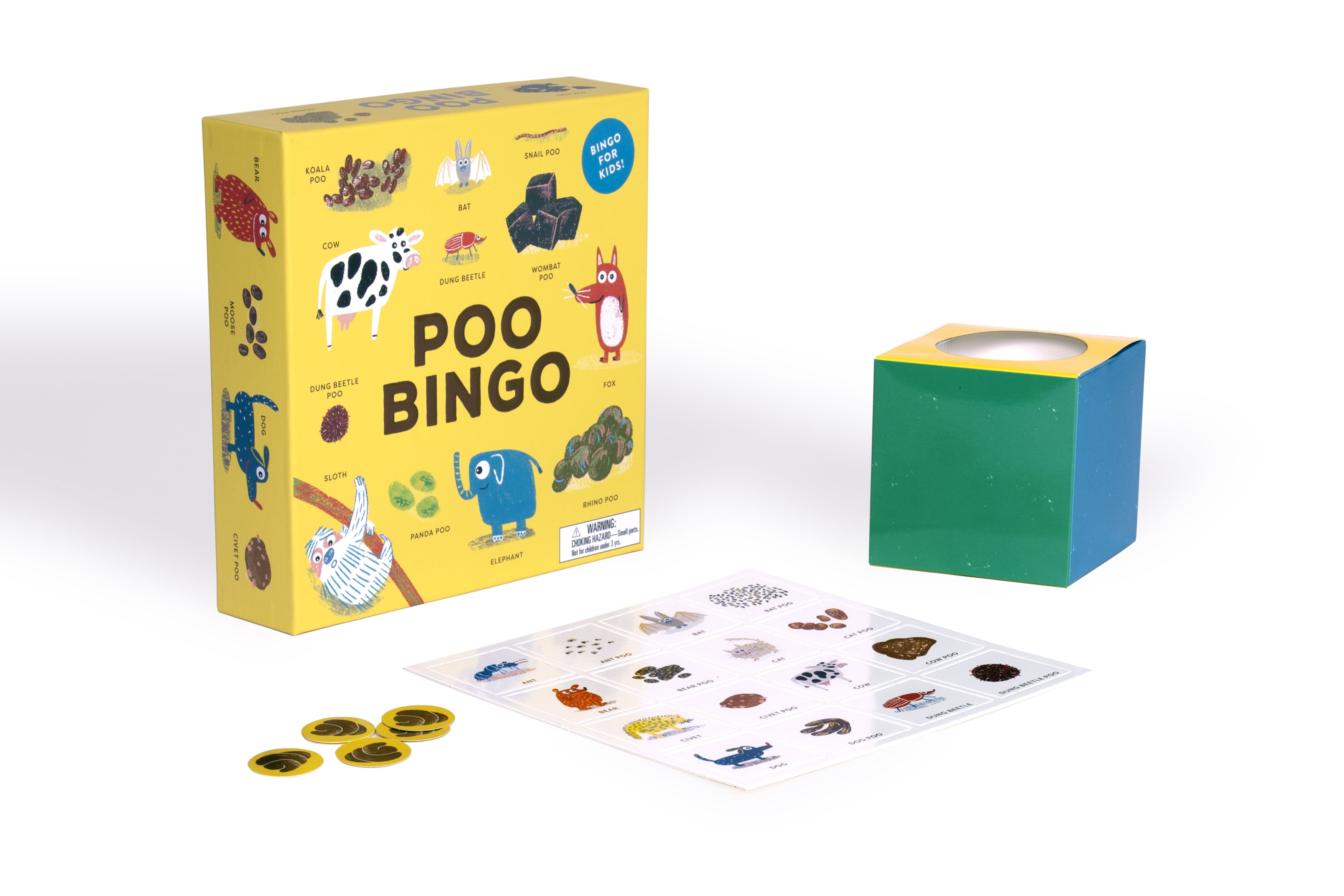 Poo Bingo educational board game box and game pieces for kids featuring cartoon animals and animal droppings.