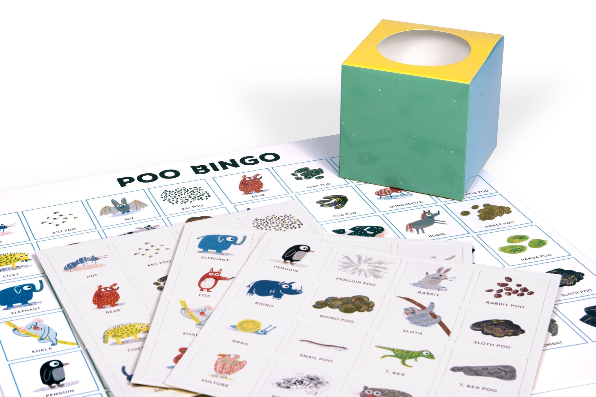 Poo Bingo educational board game featuring animal illustrations and droppings on a white background.