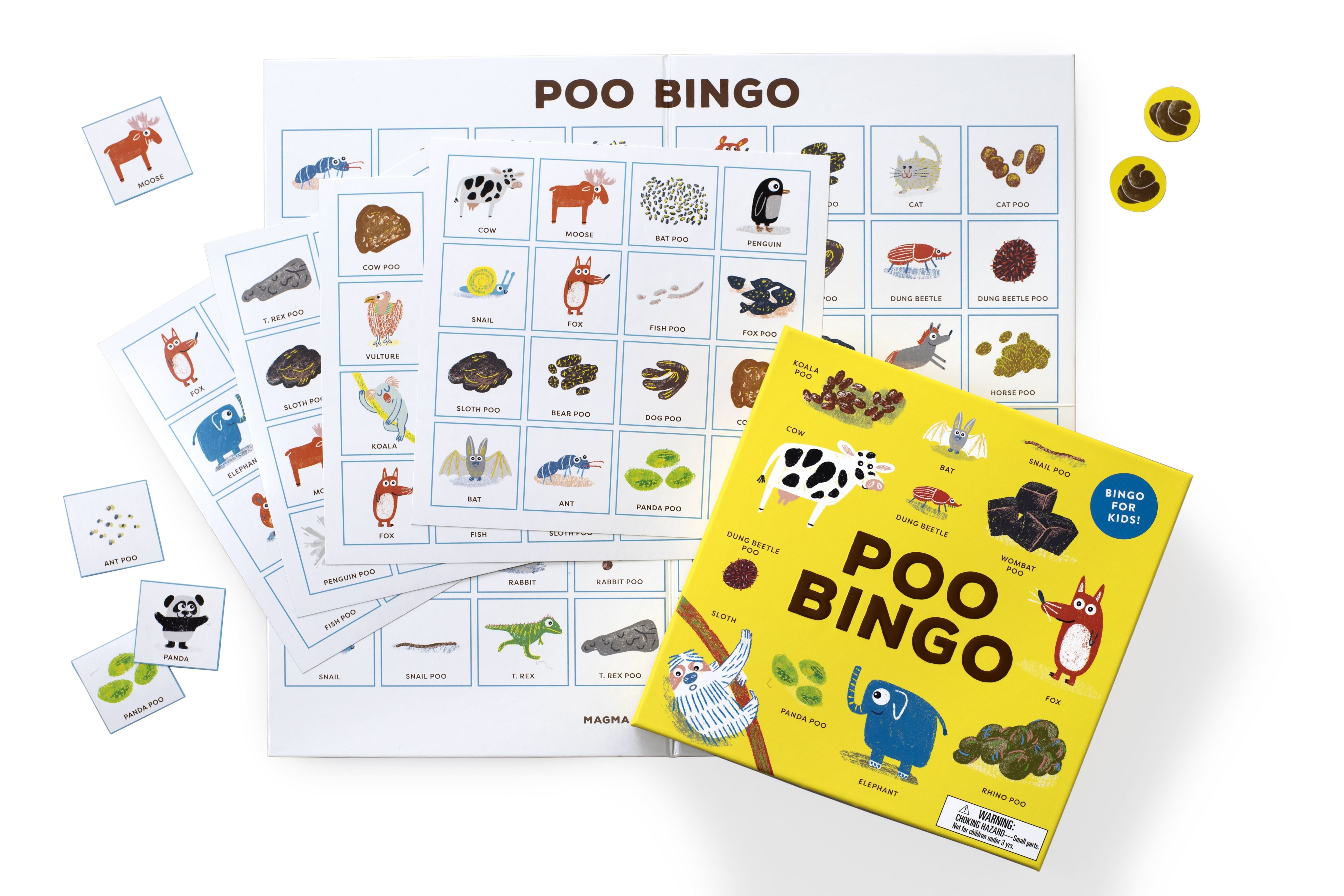 Poo Bingo educational board game for kids featuring animal illustrations and various types of scat.