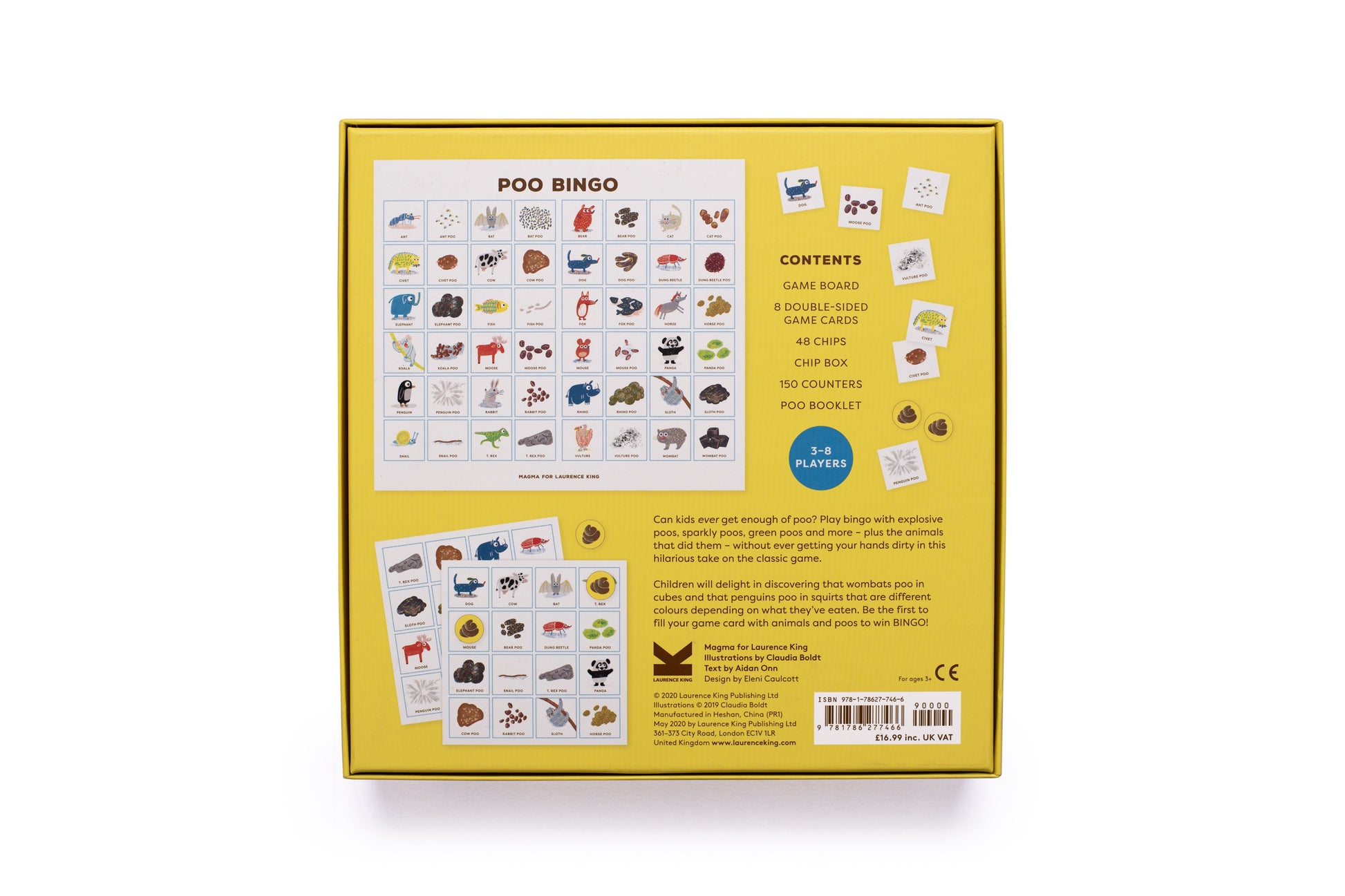 Back view of Poo Bingo board game box showing game cards, animals, and game instructions.