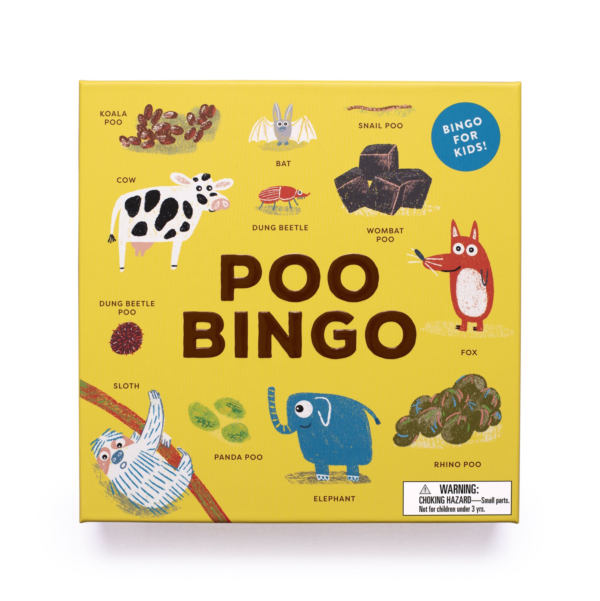 Poo Bingo board game box cover for kids featuring colorful illustrations of various animals and their droppings.