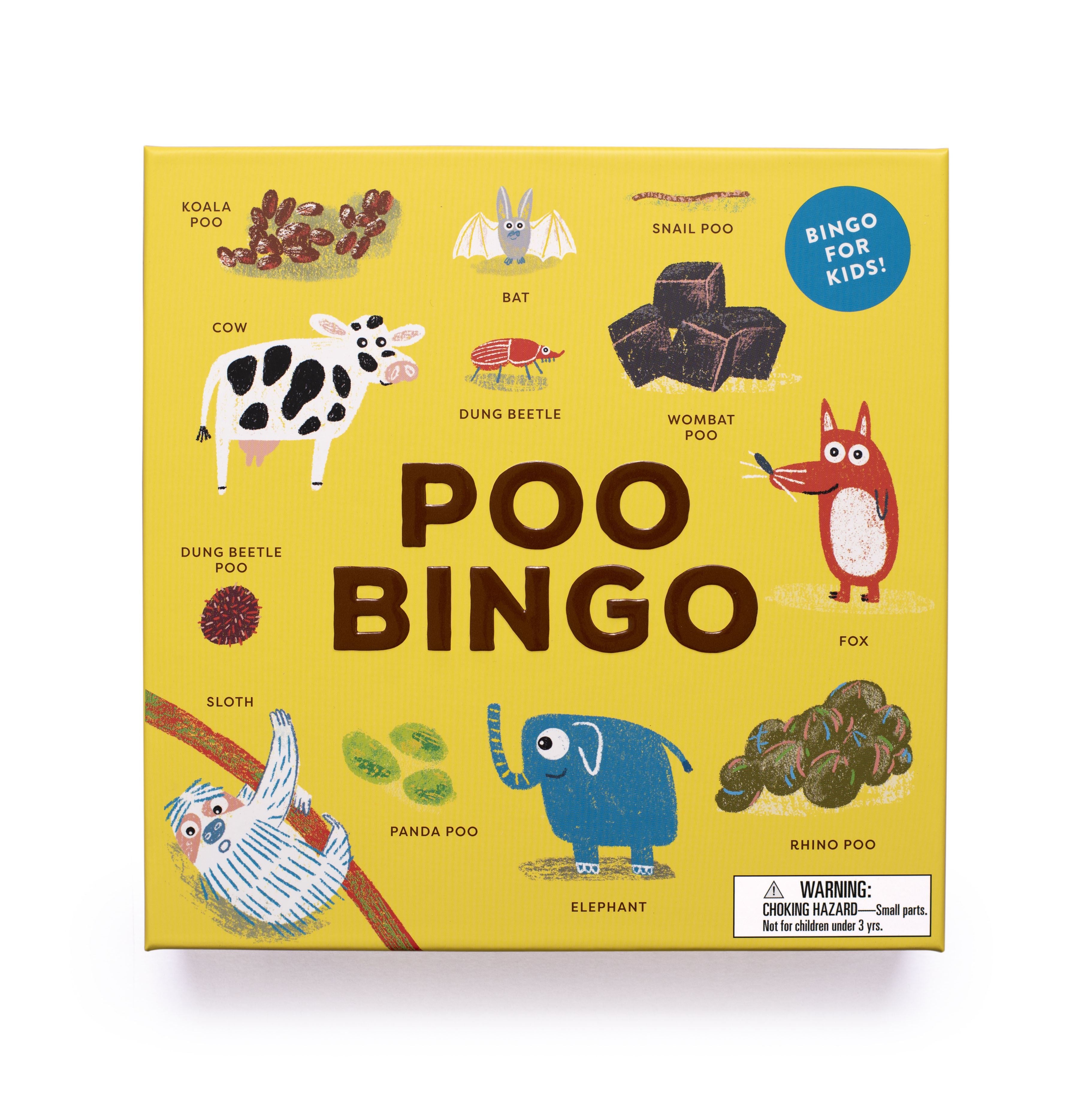 Poo Bingo board game box cover for kids featuring colorful illustrations of various animals and their droppings.