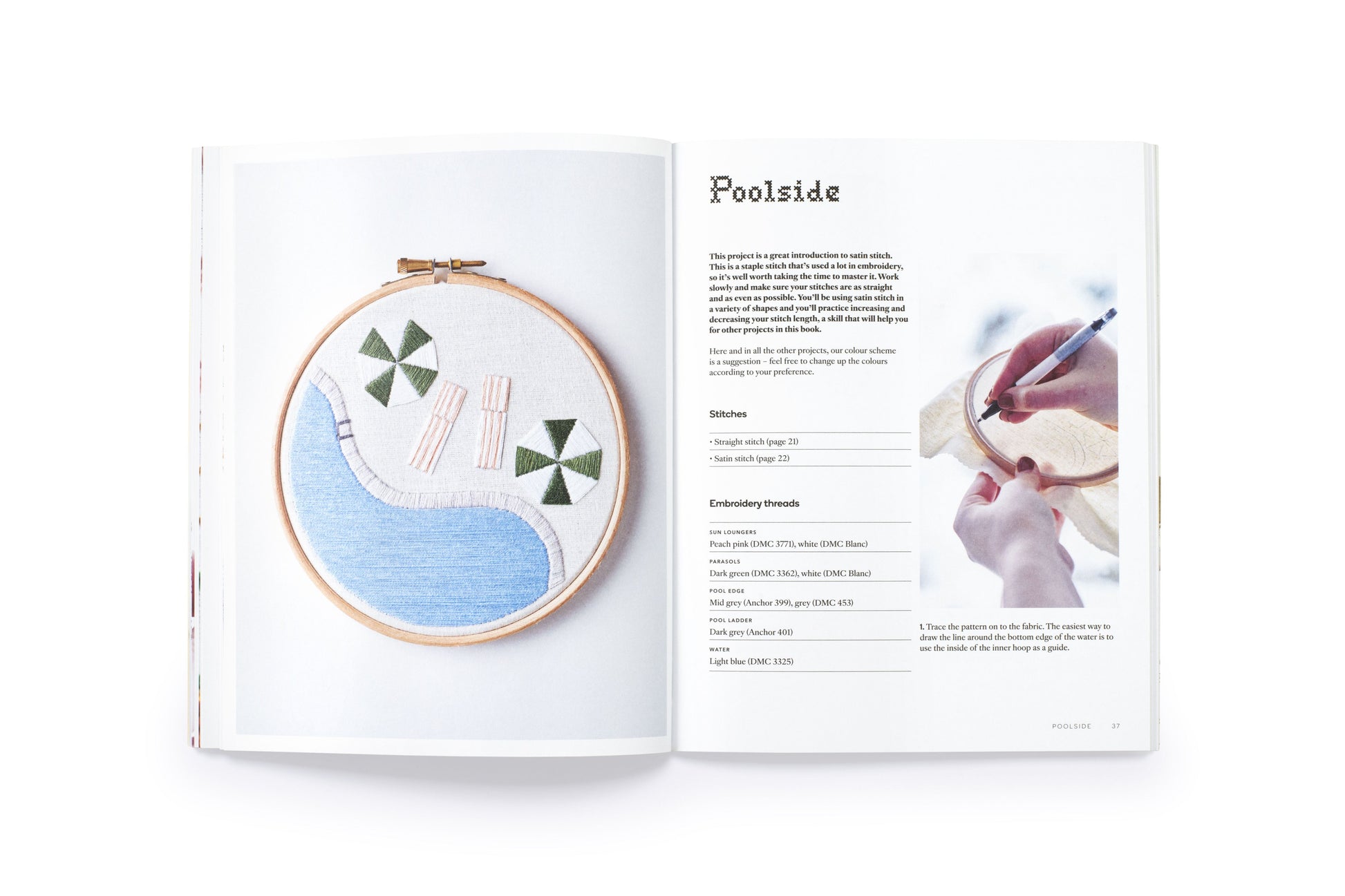 Open book page showing a poolside embroidery project in a wooden hoop with instructions.