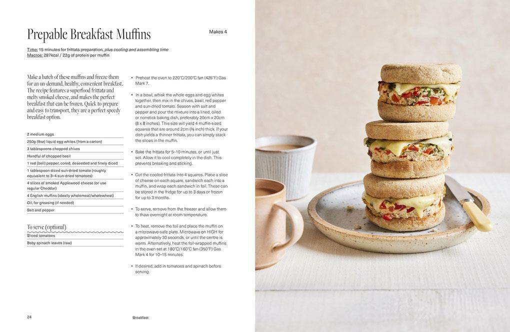 Breakfast muffin preparation with text on a white background