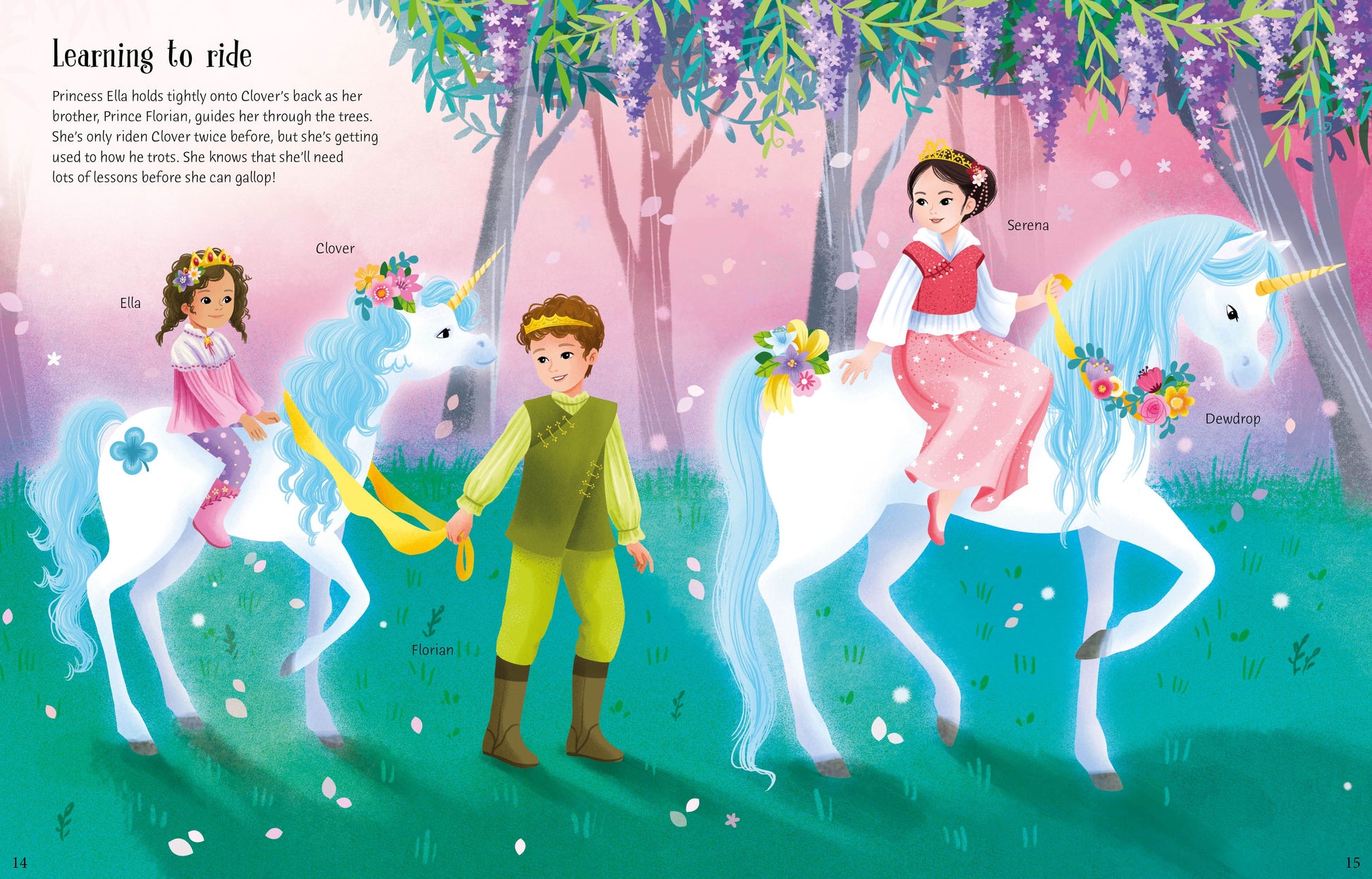Illustration of children riding unicorns in a fantasy forest setting