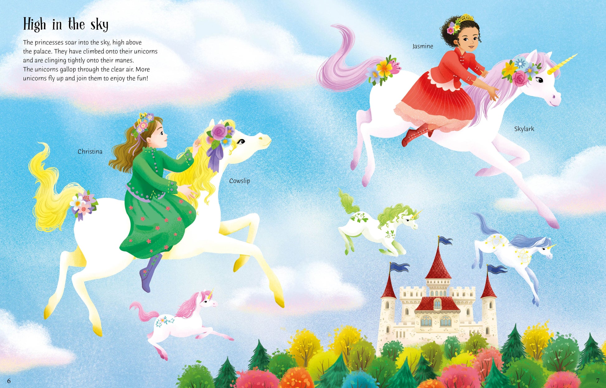 Illustration of princesses riding unicorns with a castle in the background