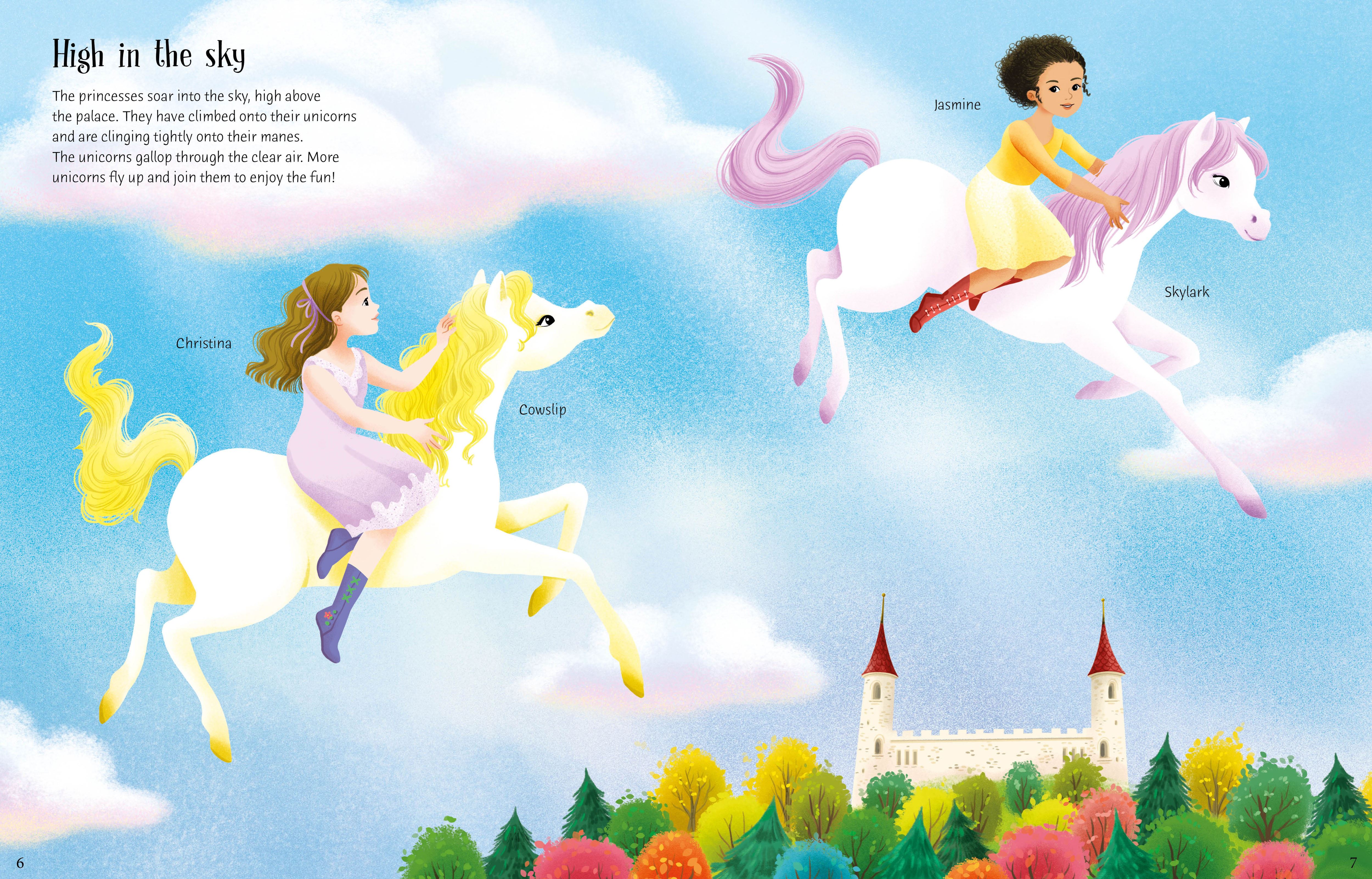 Illustration of two princesses riding unicorns in the sky with a castle in the background.