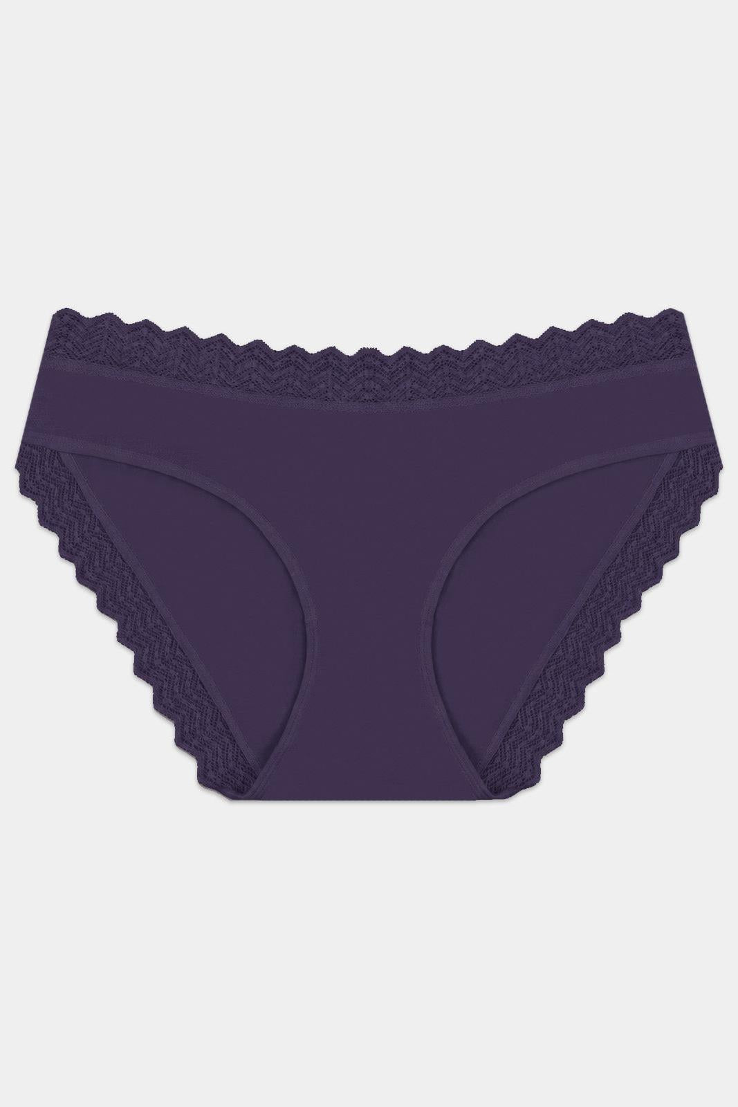 Purple classic cut women's underwear with decorative lace trim edges on a plain background.