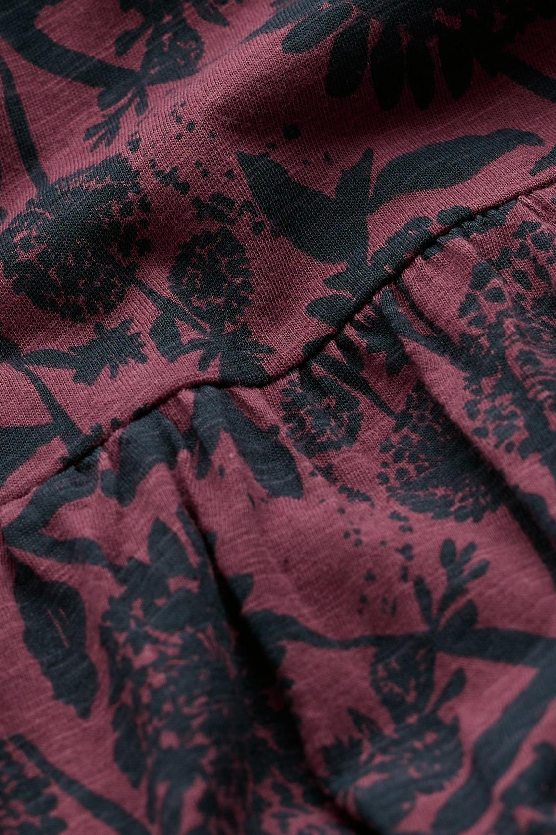 Close-up of a purple and black floral pattern on soft organic cotton dress fabric.