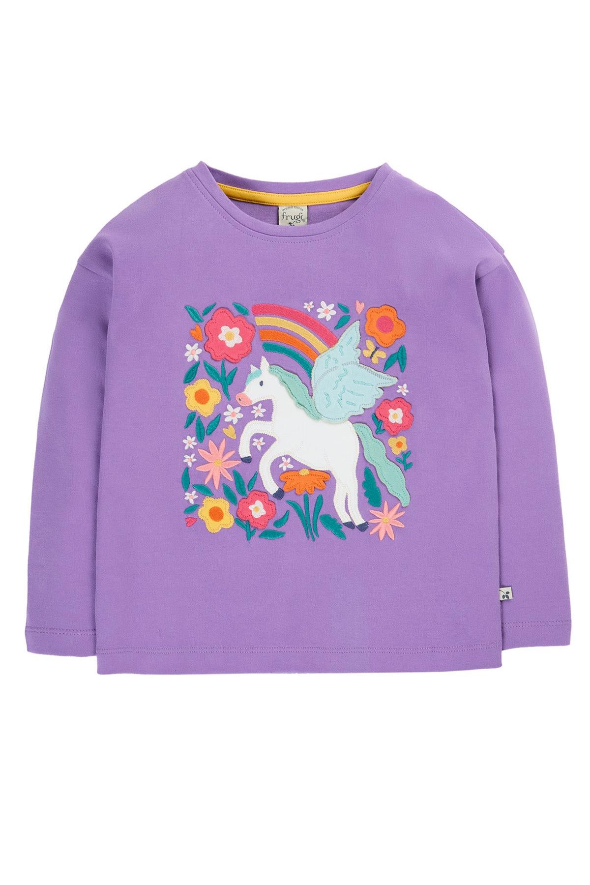 Frugi purple long-sleeve organic cotton girls top with an embroidered unicorn, rainbow, and flower design.