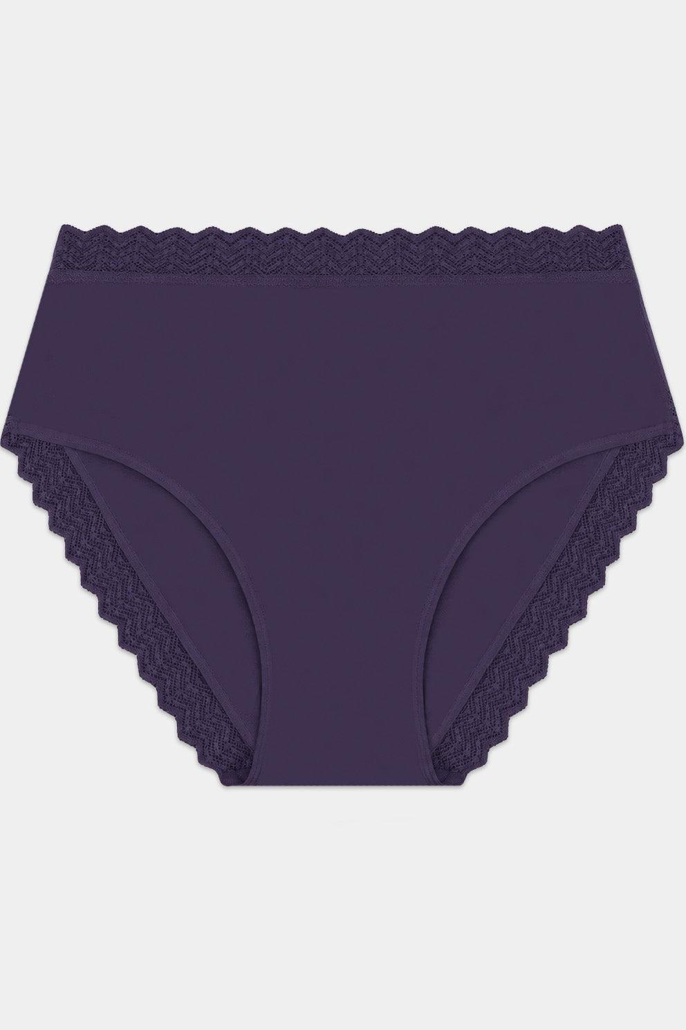 Purple high rise women's underwear with decorative lace trim edges on a plain background.