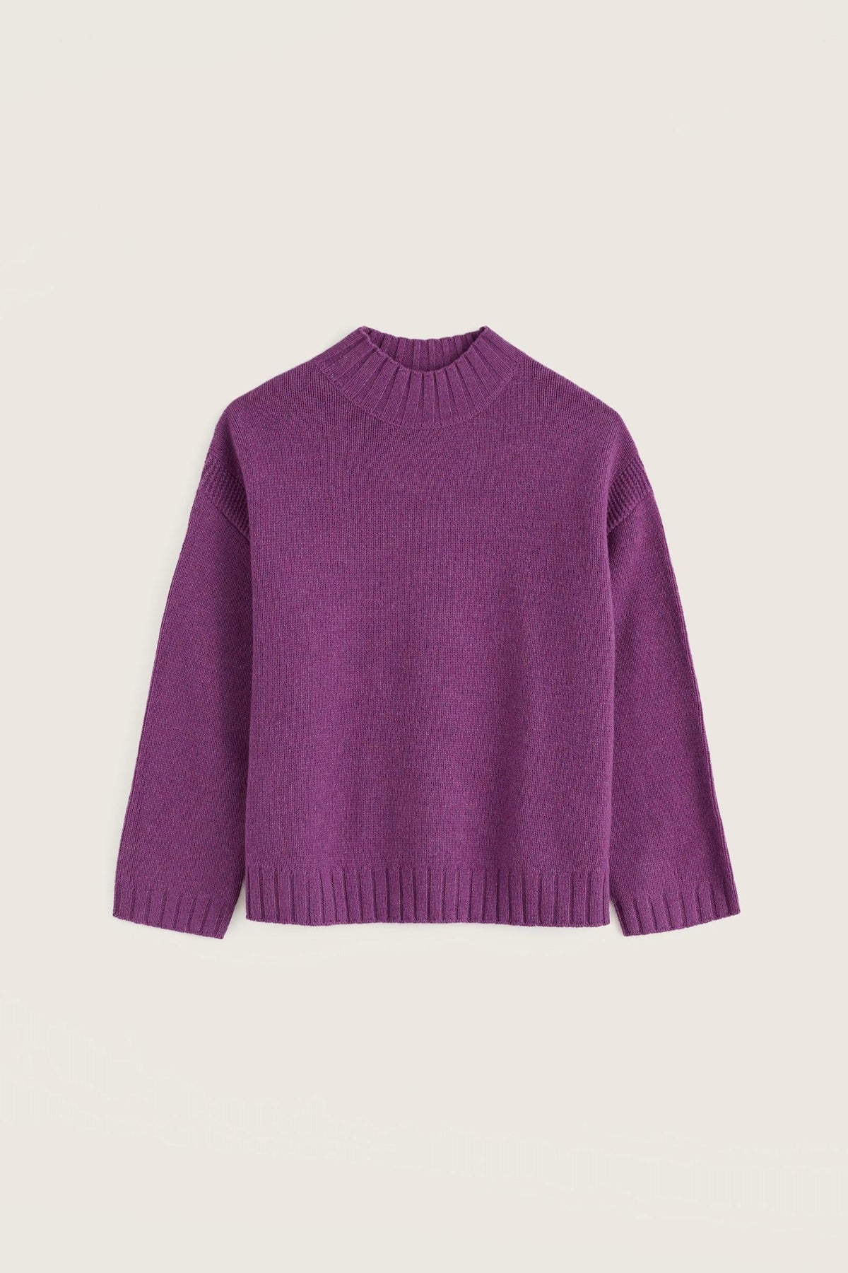 A purple knit sweater with a ribbed mock neck and cuffs, presented against a neutral background.
