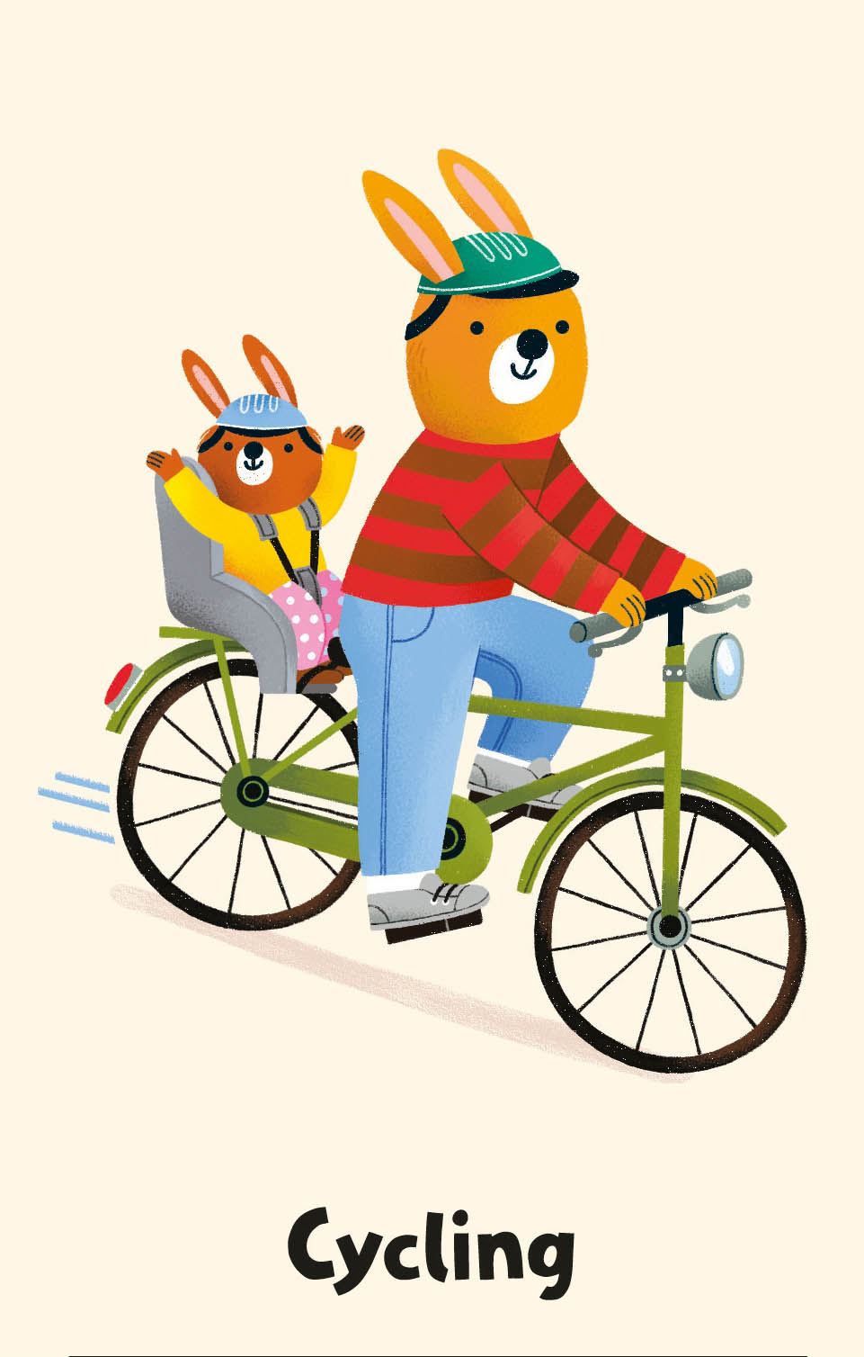 Illustration of a bear and a rabbit riding a bicycle with 'Cycling' text below.