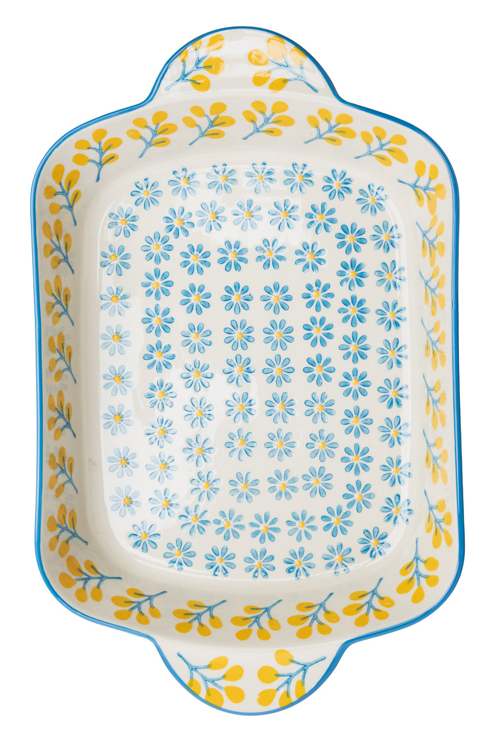 Rectangular ceramic baking dish featuring a blue and yellow floral pattern on a white background.
