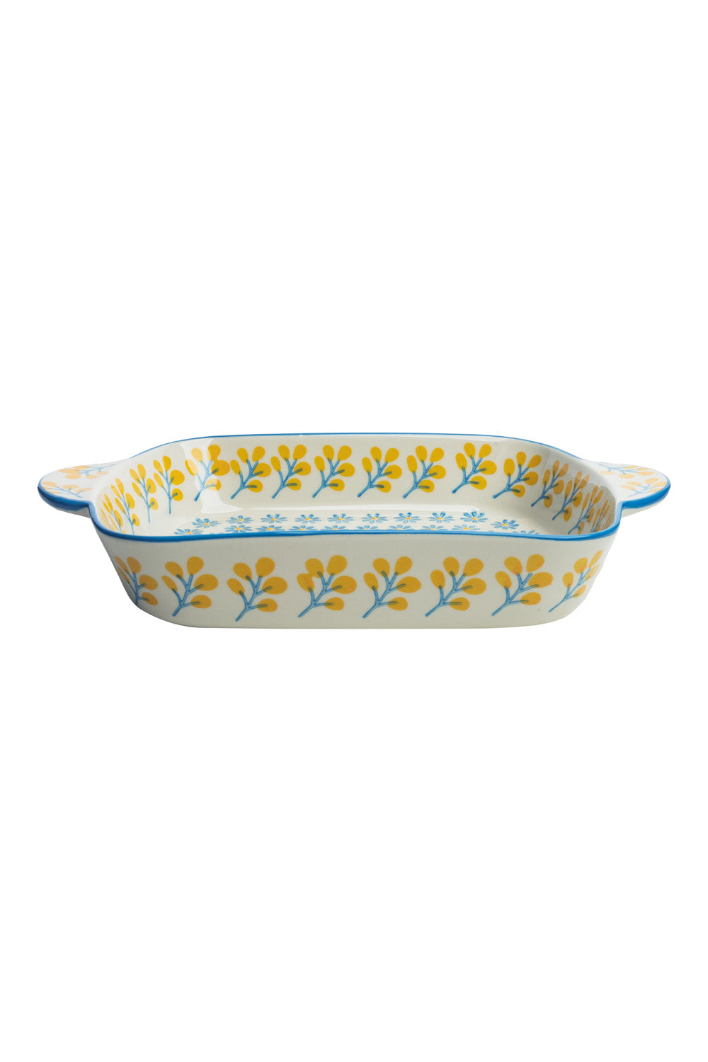 Rectangular ceramic baking dish with a white base and yellow floral leaf pattern.