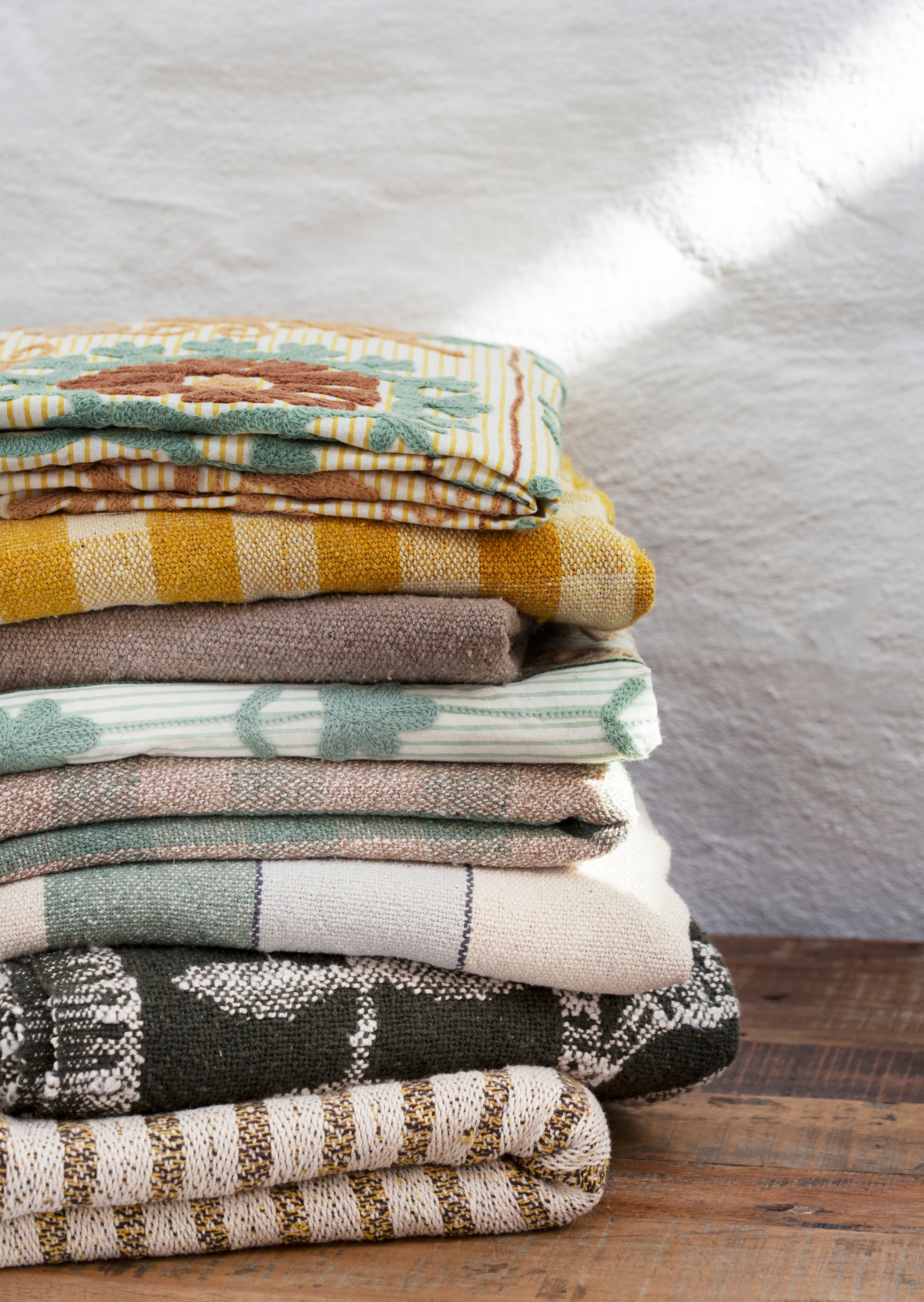 Madam Stoltz Recycled Cotton Green Check Throw