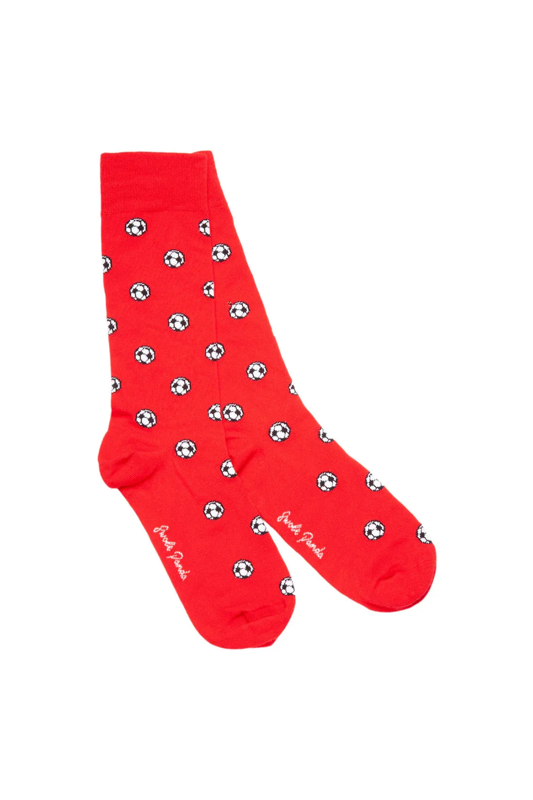 A pair of bright red bamboo socks featuring a small white and black soccer ball print pattern.