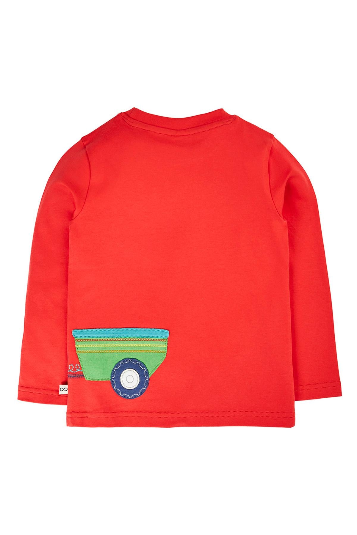 Red Frugi long-sleeve boys top featuring an organic cotton farm tractor applique design.