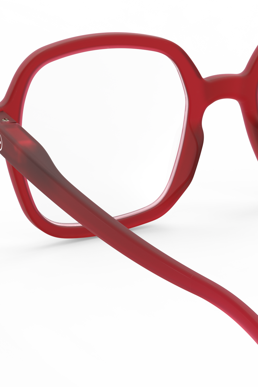 Close-up view of a vibrant red Izipizi glasses frame against a clean white background