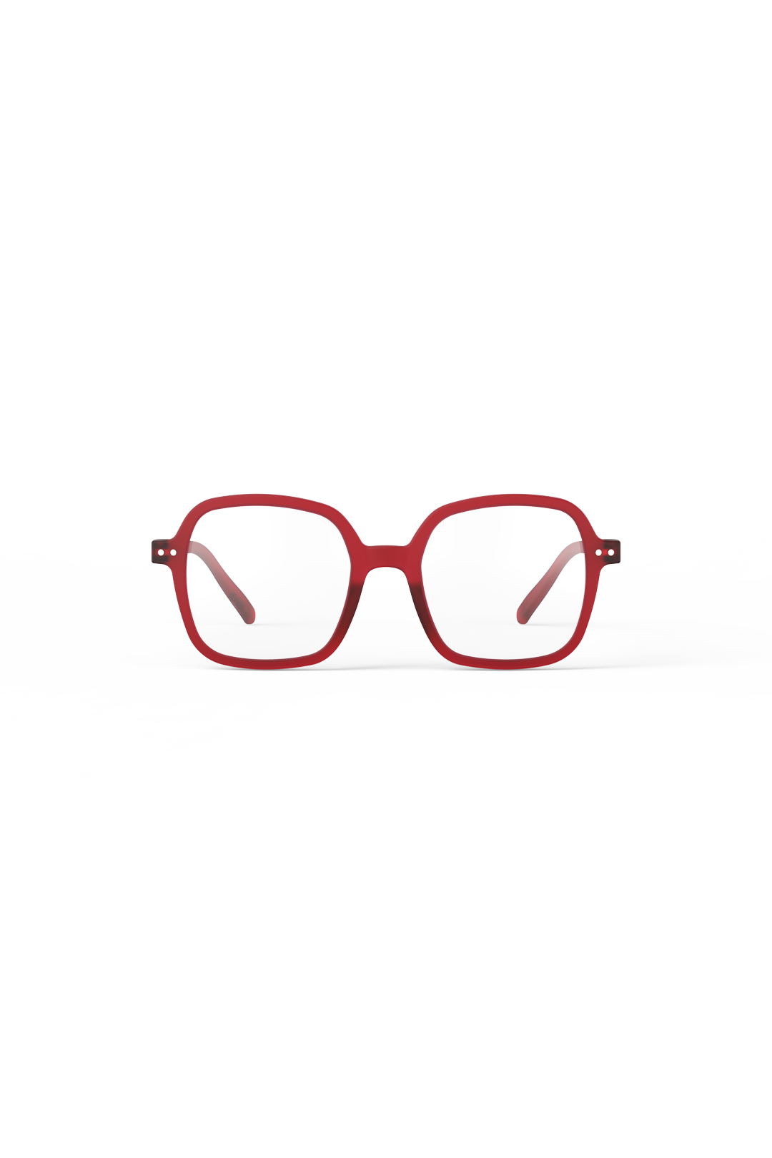 Front view of stylish red Izipizi square-frame reading glasses on a clean white background