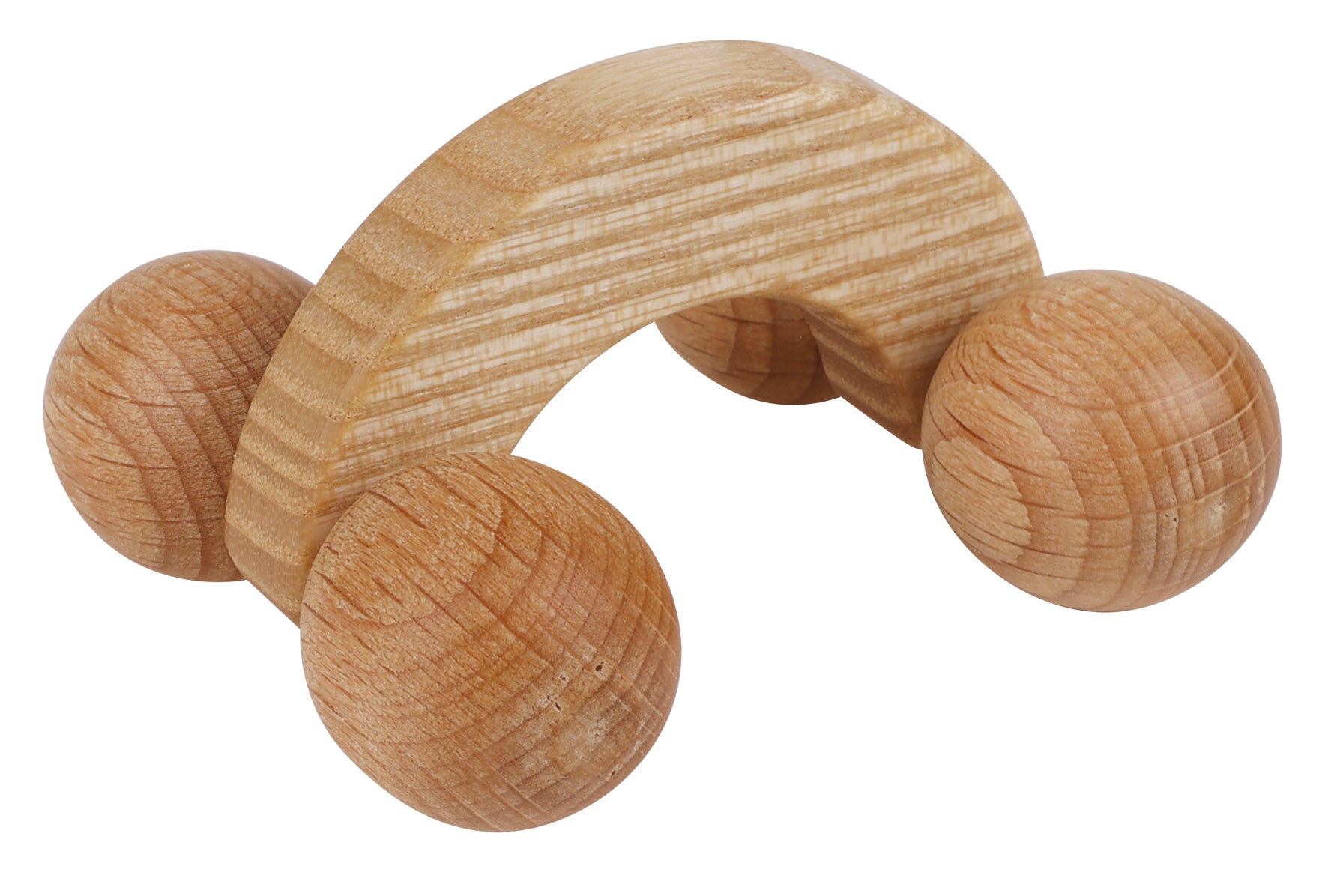 Wooden baby massager with curved handle and spherical ends on a white background