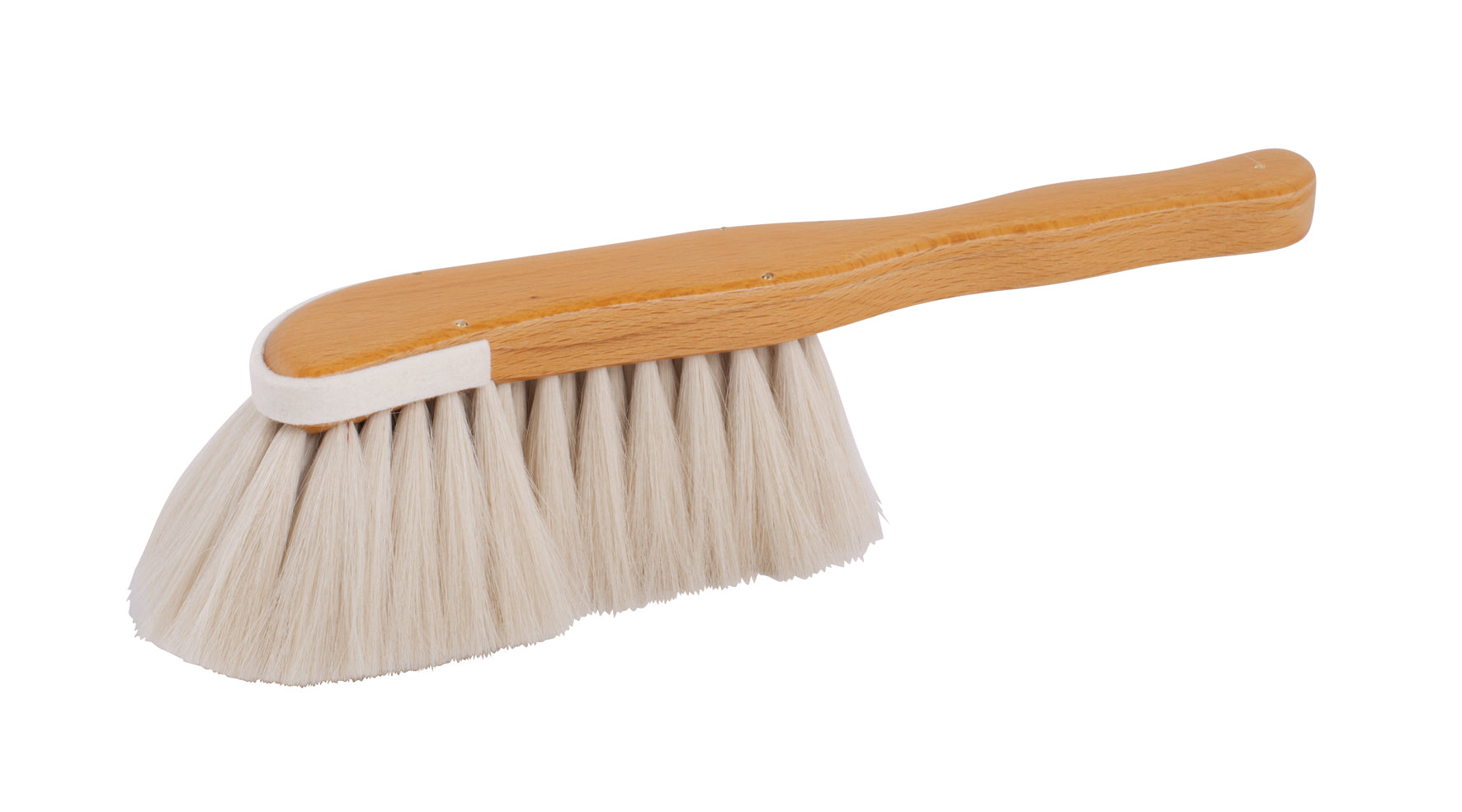 Cleaning brush with wooden handle and white bristles on a white background