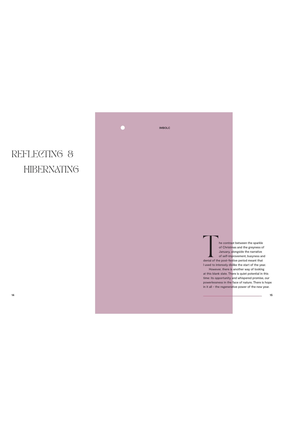A book page titled Reflecting and Hibernating discussing nature and self-help themes in a minimalist layout.
