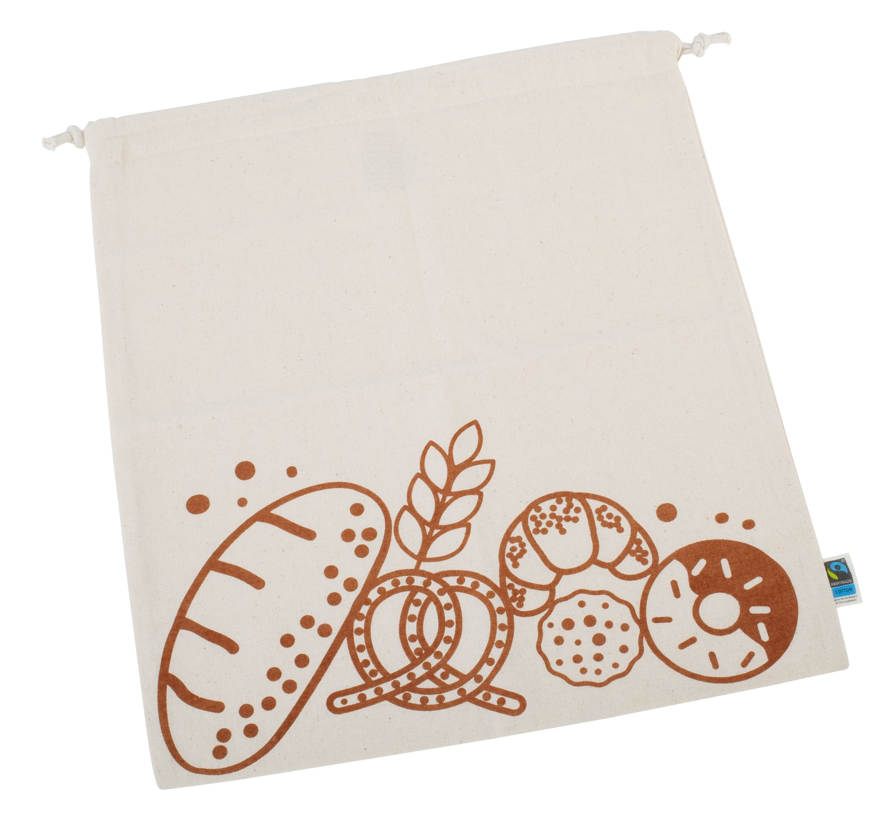 White drawstring bag with red illustrations of bread, a loaf, and a donut on a white background