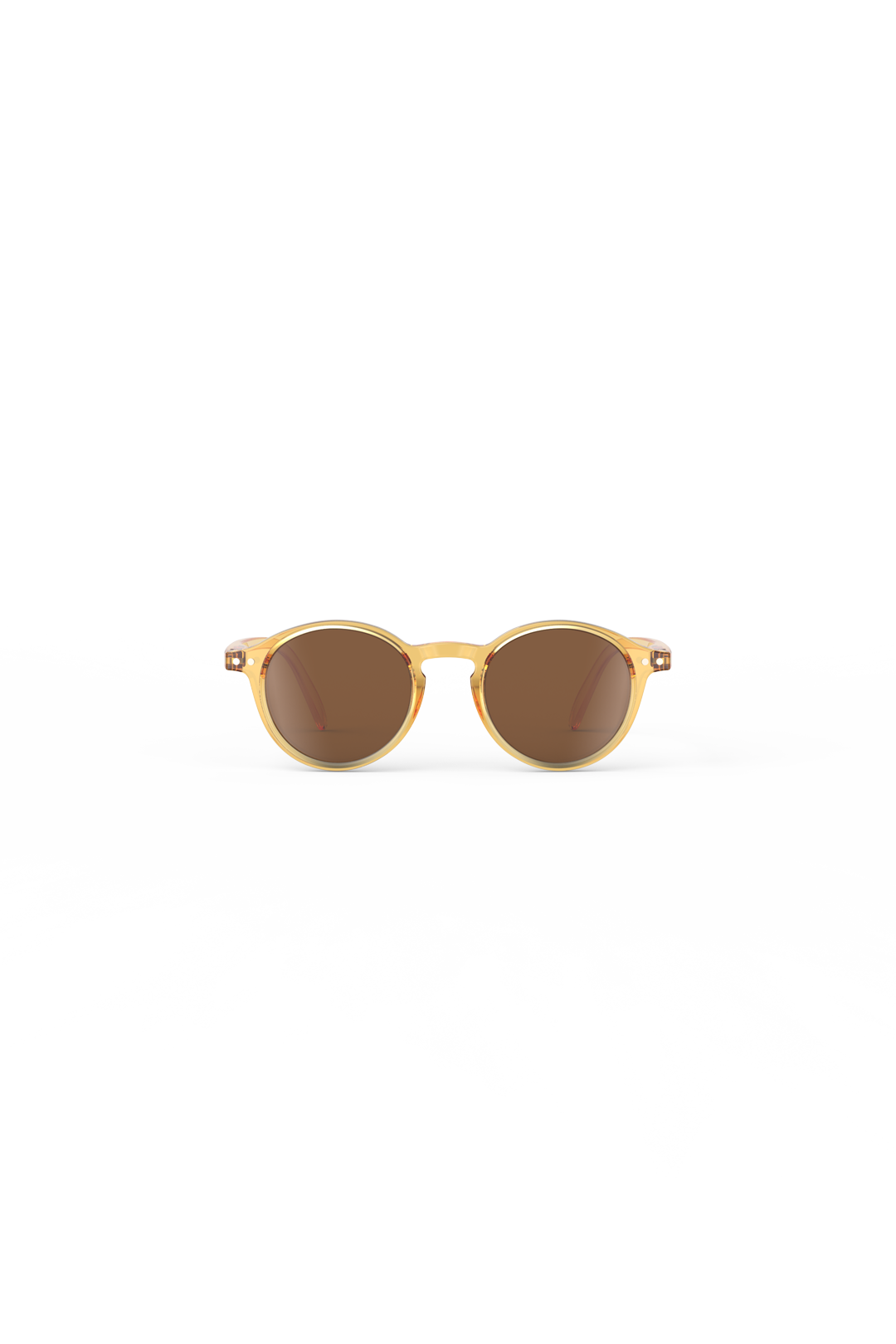 A pair of round amber-colored Izipizi sunglasses with dark lenses on a white background.