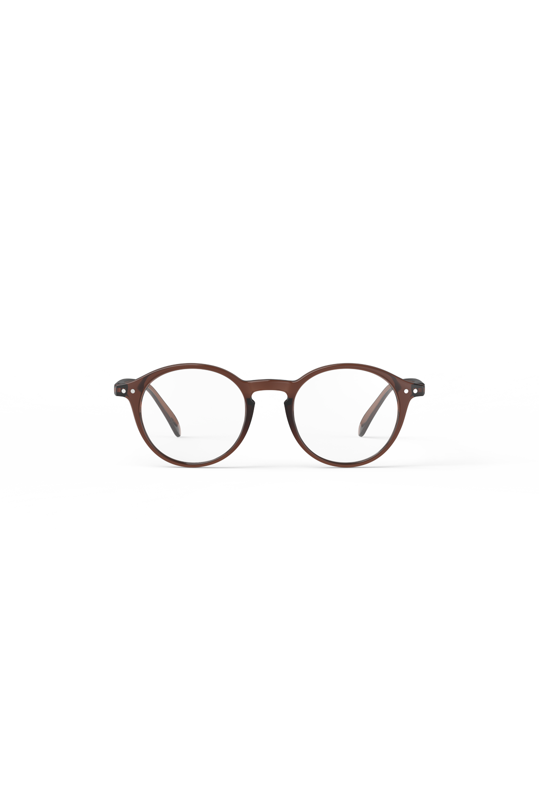 A pair of stylish round Izipizi ready readers in a dark espresso brown color against a white background.