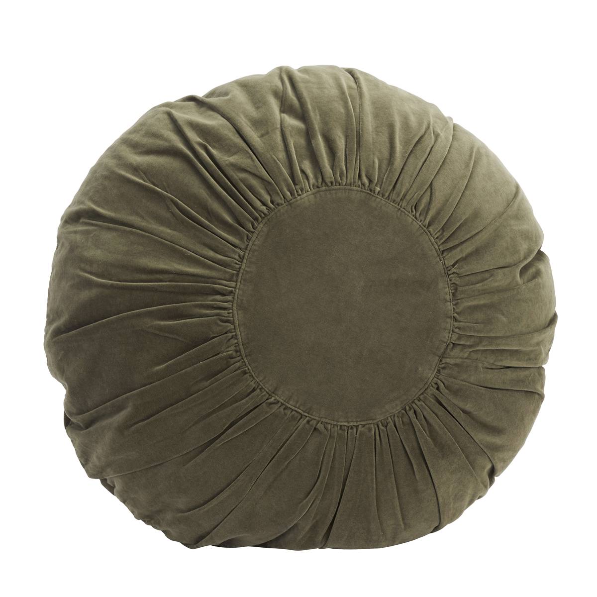 A round green velvet cushion by Madam Stoltz with gathered fabric detailing against a plain white background.