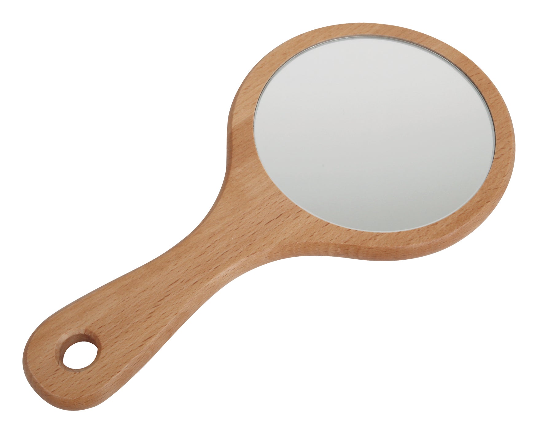 Wooden-handled handheld mirror on a white background