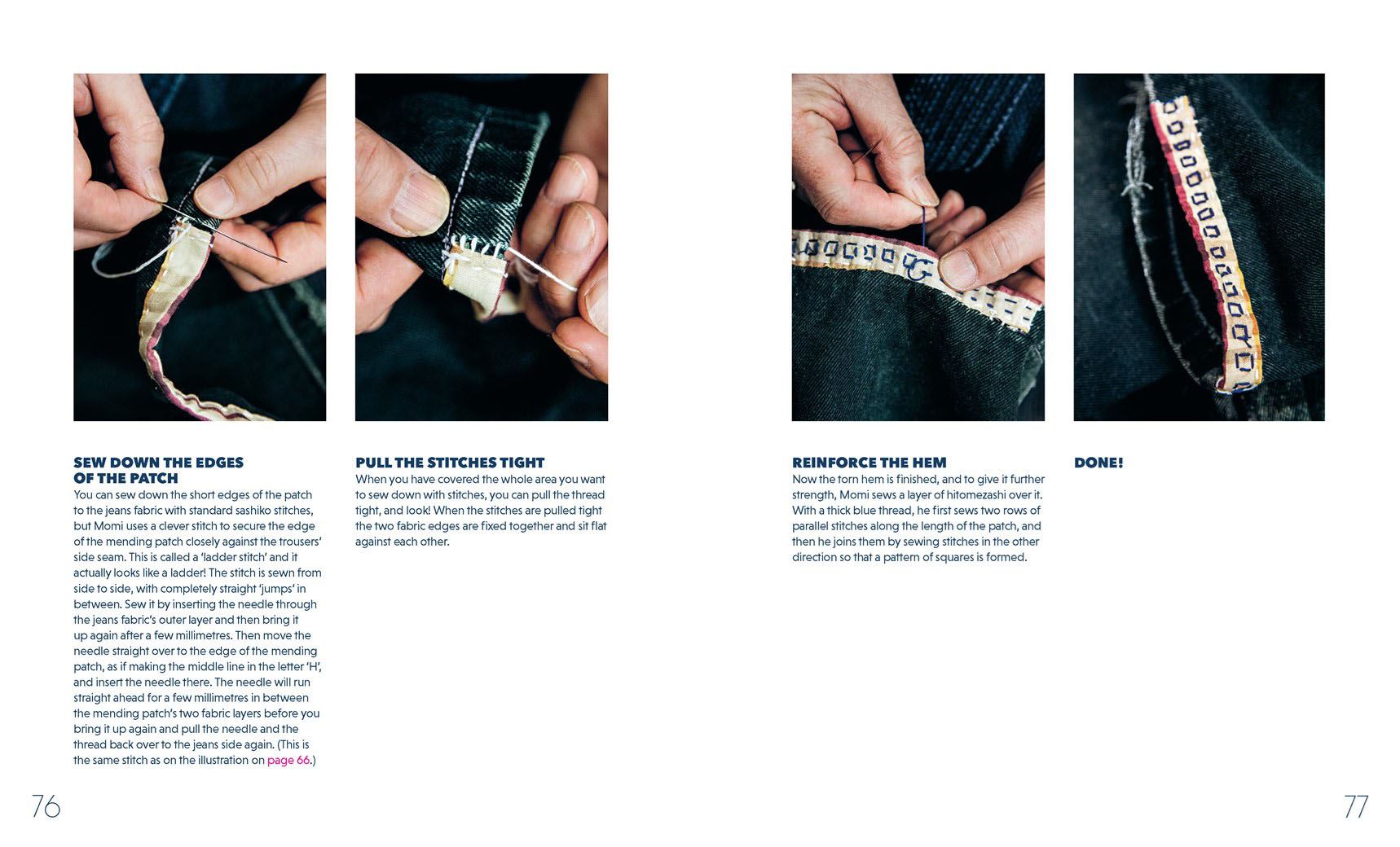 Instructions for sewing a patch onto fabric with close-up shots of hands performing the task.