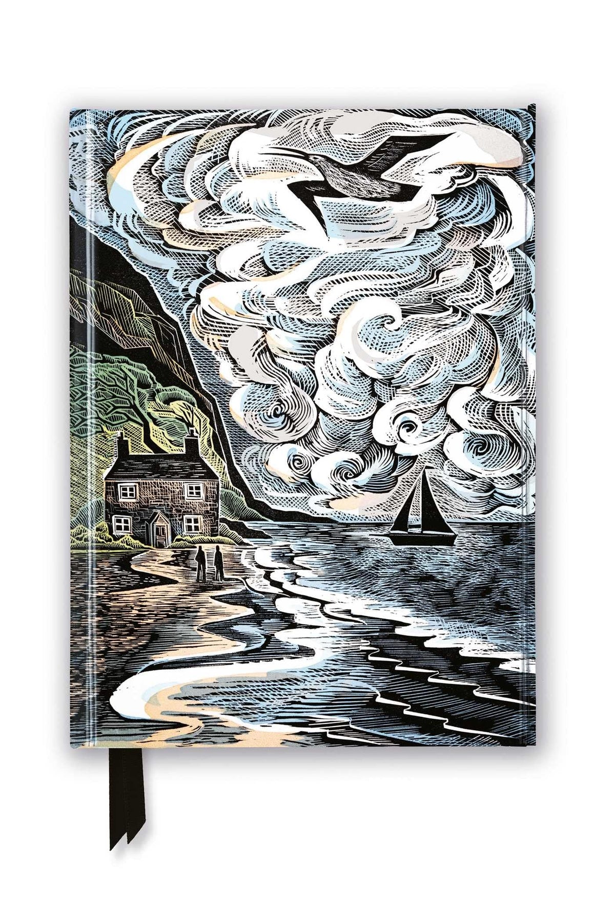 A journal with a stylized sea theme illustration featuring a coastal cottage, stormy clouds, and a sailboat.