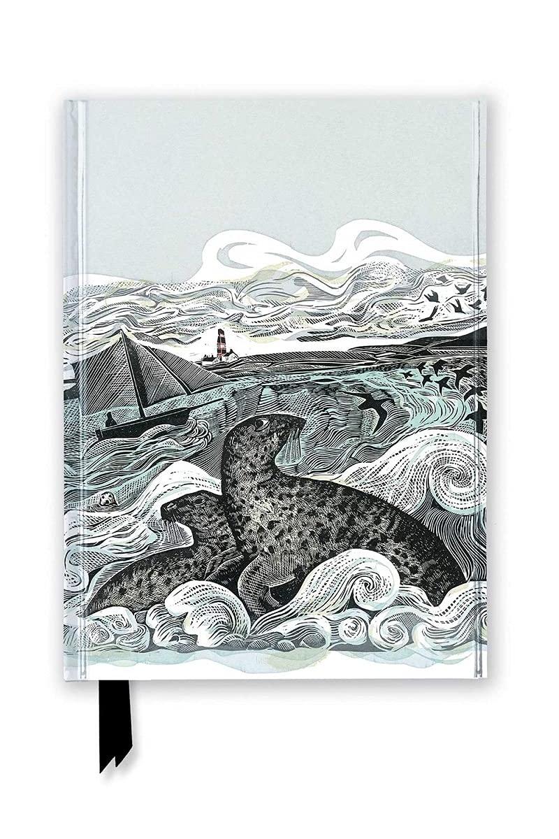 Notebook cover featuring a sea theme illustration of seals, a sailboat, and a lighthouse.