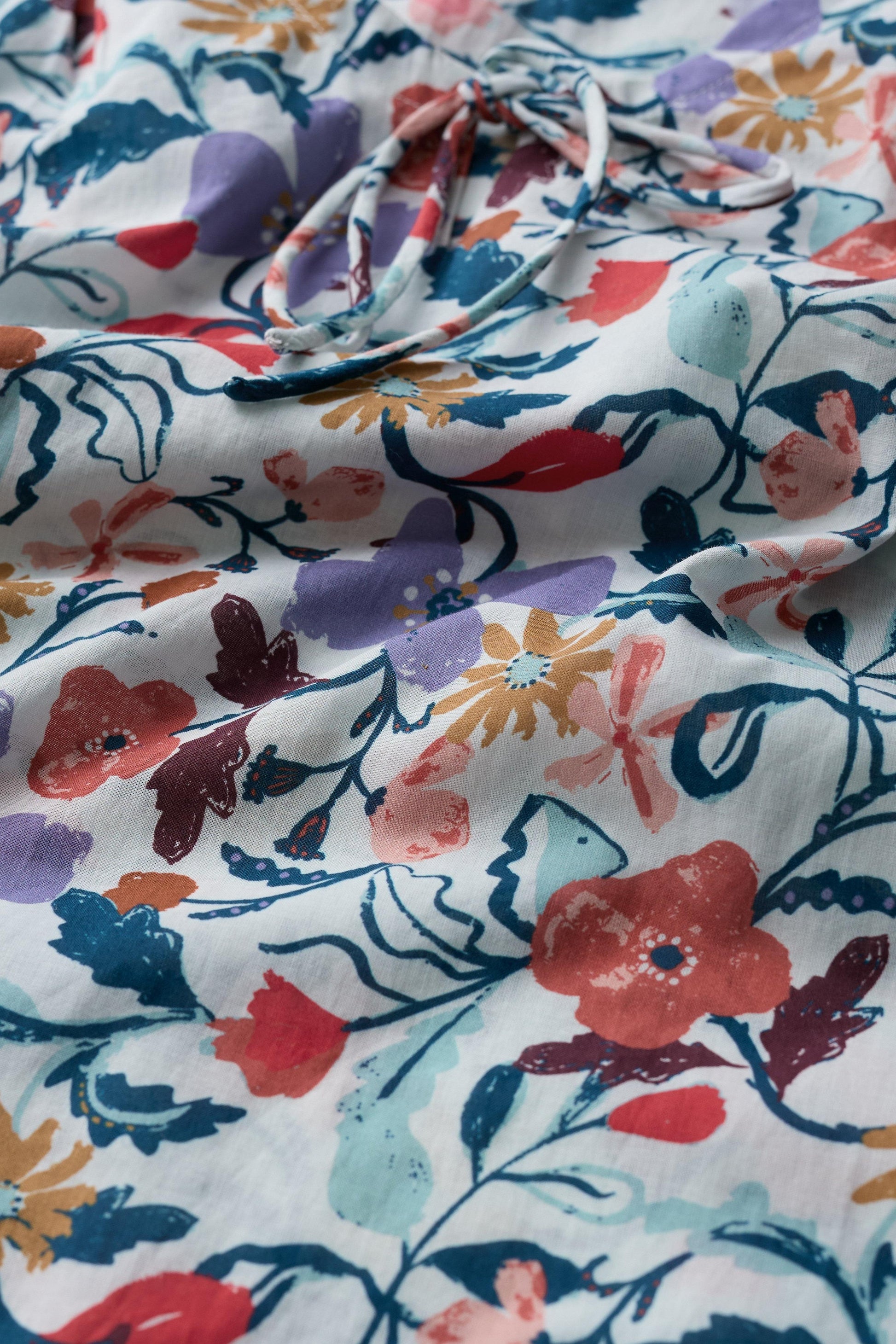 Close-up of colorful floral fabric with a white background