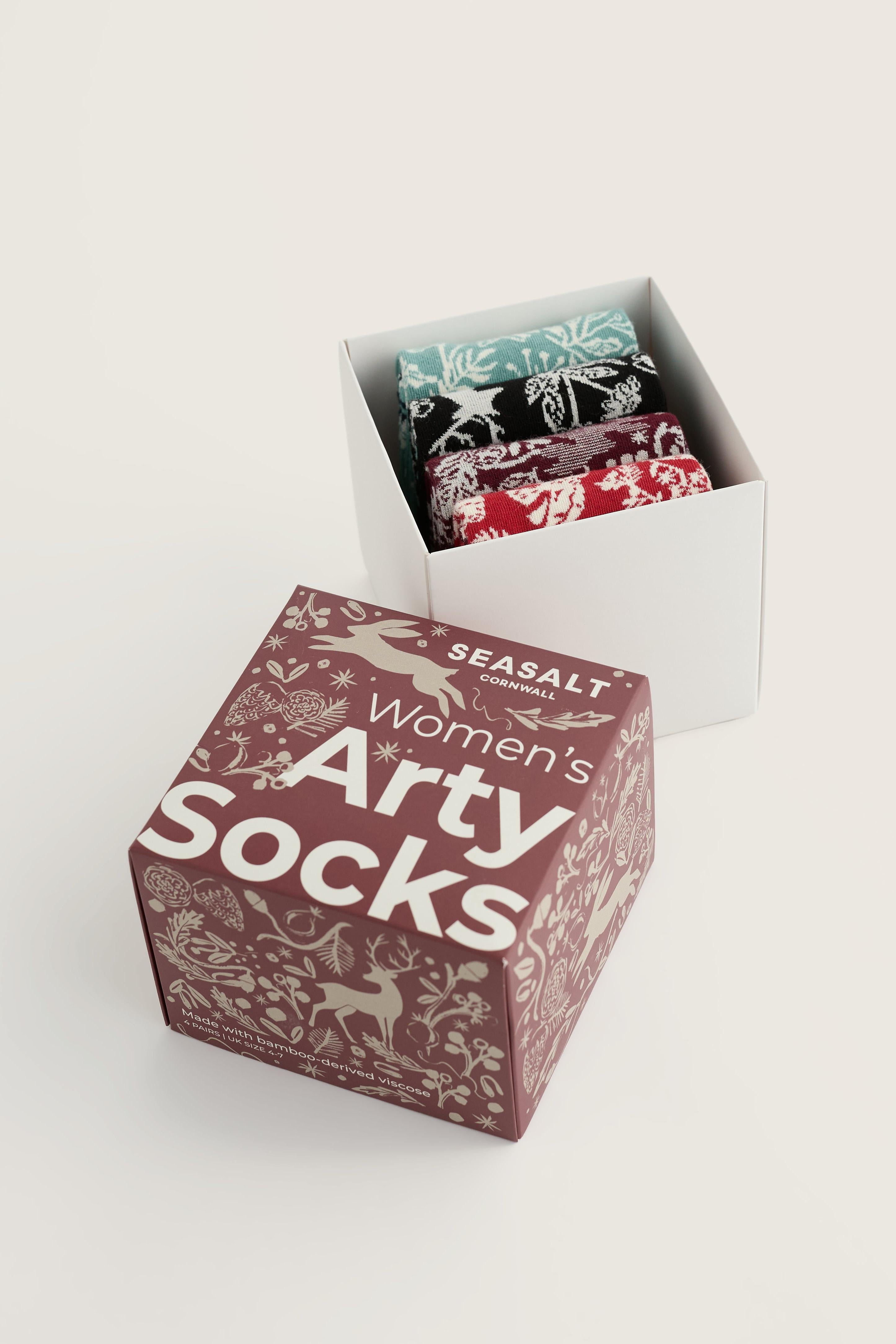 Seasalt Cornwall gift box featuring four pairs of patterned bamboo women's Christmas socks.