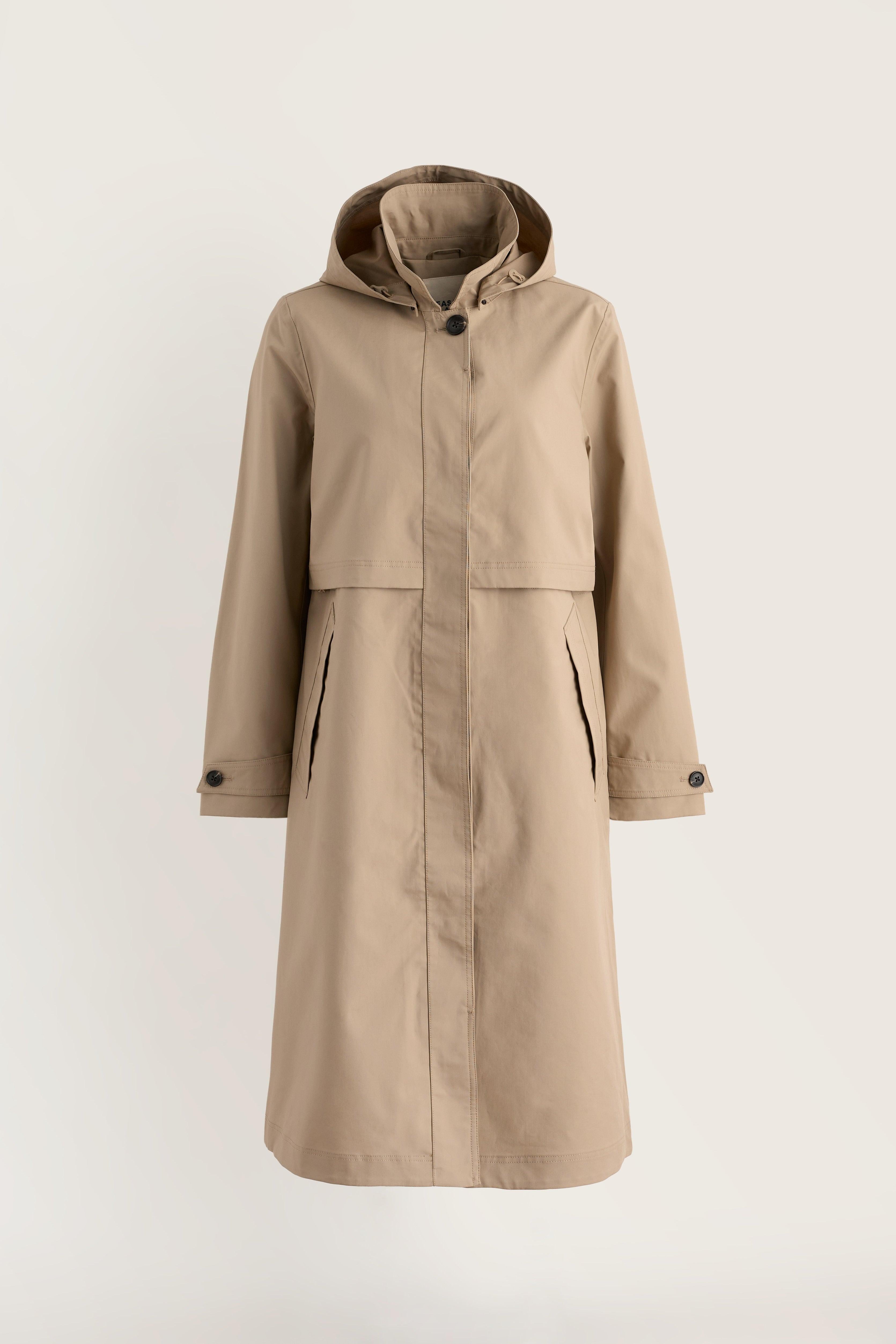 Beige Seasalt Cornwall hooded trench coat for women made from sustainable materials.